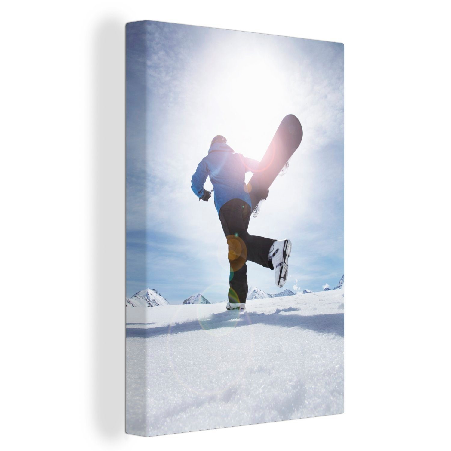 OneMillionCanvasses® Leinwandbild Die Sonne beleuchtet einen Snowboarder, der durch den Schnee fährt, (1 St), Leinwandbild fertig bespannt inkl. Zackenaufhänger, Gemälde, 20x30 cm