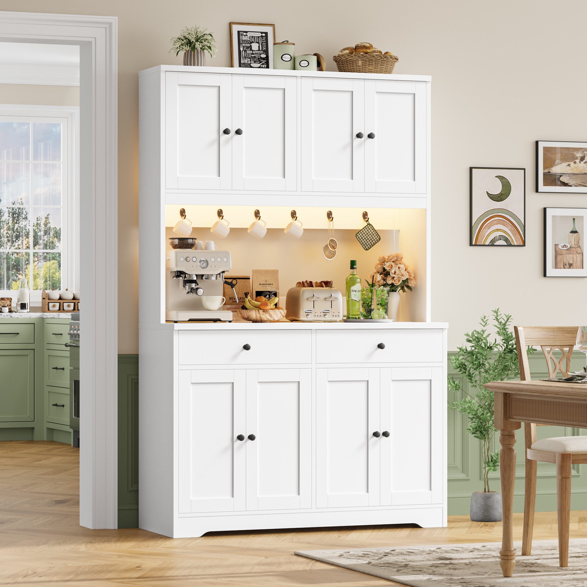 Homfa Küchenbuffet Küchenschrank Buffetschrank mit LED und Steckdosenleiste Sideboard mit Arbeitsplatte, 8 Türen und 2 Schubladen 178x106x38cm – Bild 4 von 5