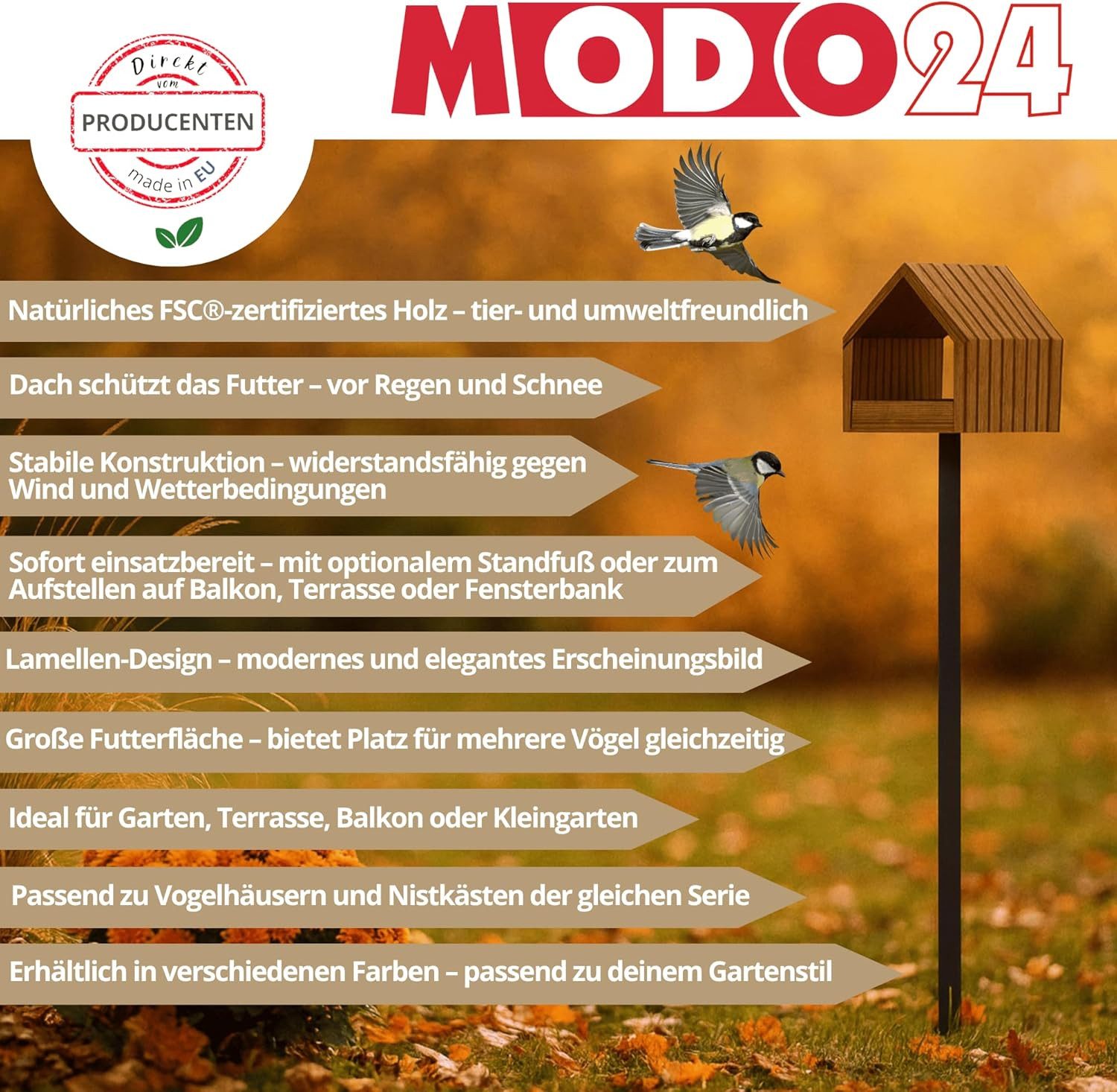 Modo24 Vogelhaus mit Ständer aus FSC® Holz, Vogelkäfig mit Dach, Wetterfest, Vogelfutterhaus für Garten Balkon, Futterstation für Vögel, Nistkasten