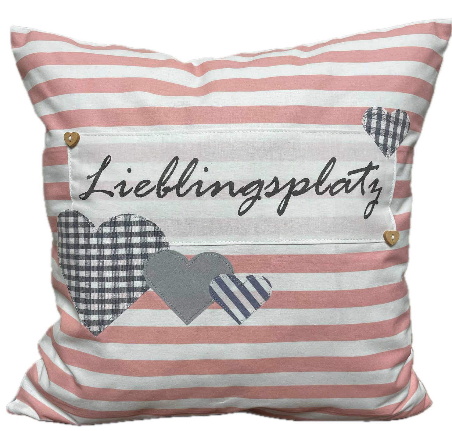 Ammerkind Dekokissen Landhausstil Kissenbezug *Lieblingsplatz* rosa/weiß/grau gestreift, 100% Handarbeit