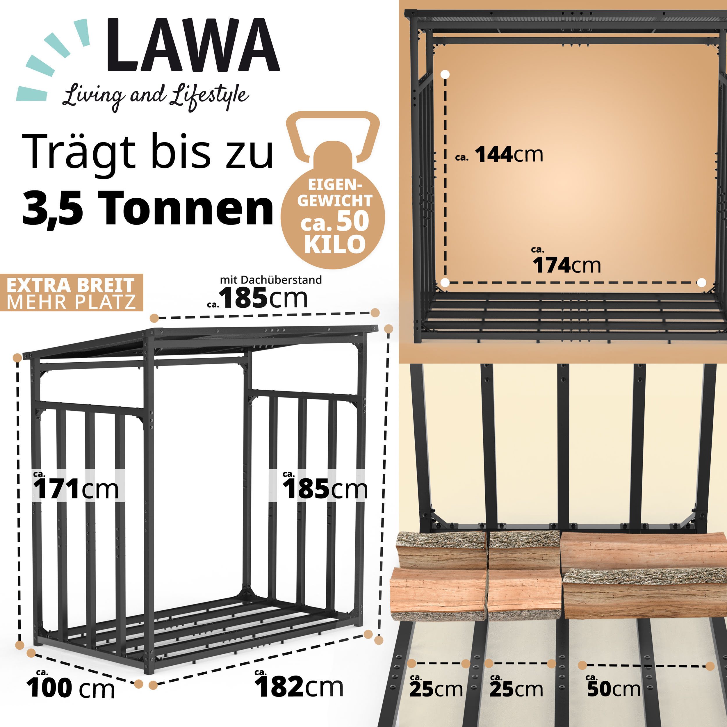 LAWA Living and Lifestyle Kaminholzregal Metall 1m tief mit Dach Garten Brennholz Unterstand Aussen Abdeckplane, BxTxH:185.00x105.00x185.00 cm, mit Wetterschutz