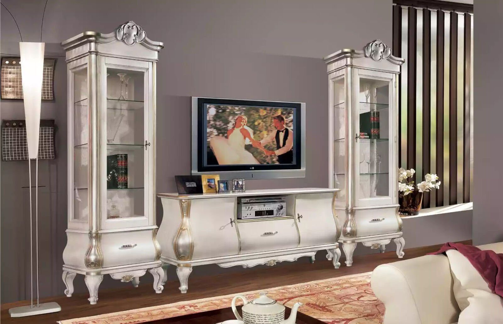 JVmoebel Europa klassisches in TV-Wand Wohnzimmer, Luxuriöses Holz Made weißes TV-Ständer im neu