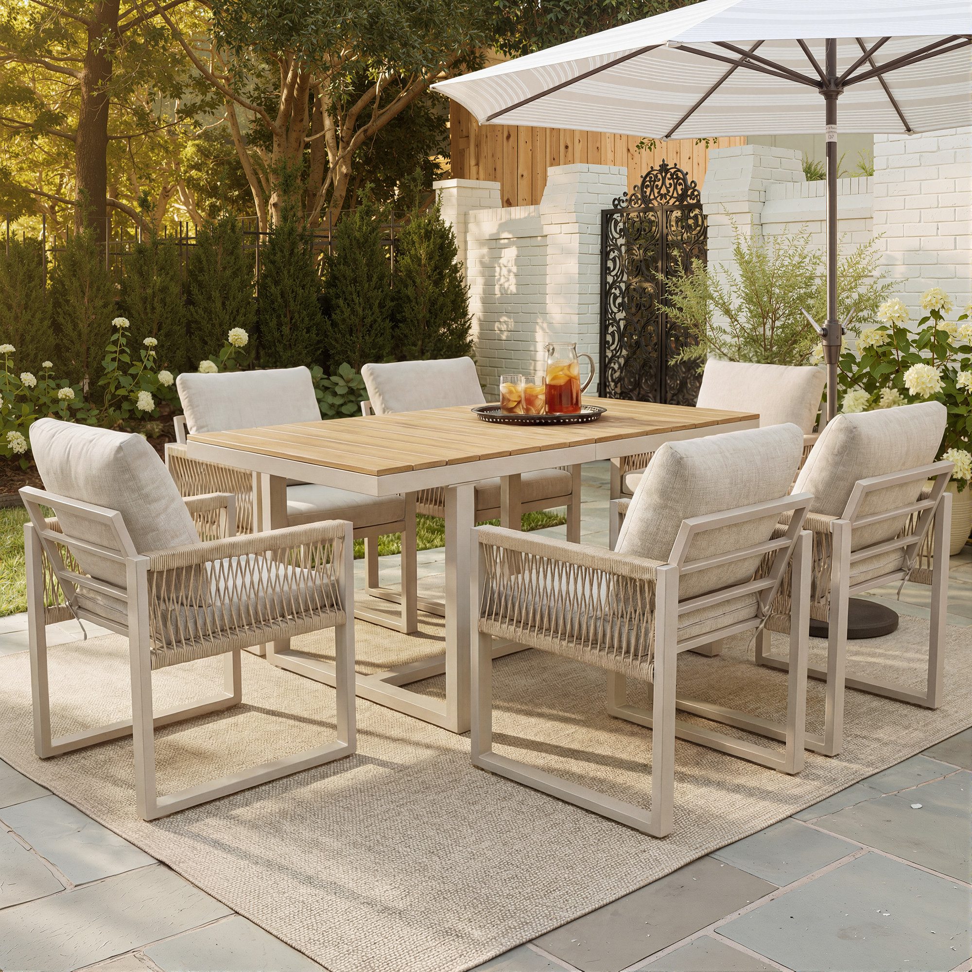 Flieks Garten-Essgruppe, Gartenmöbel-Set Sitzgruppe aus Seil, 6 x Stühlen & 1 x Tisch