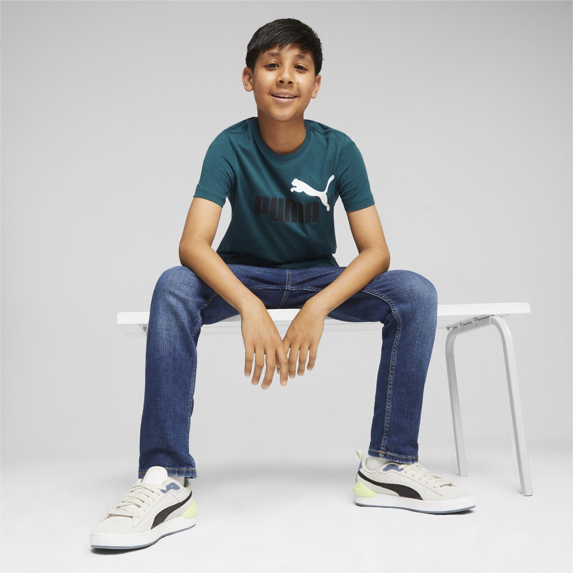Jungen PUMA Essentials+ T-Shirt Green Two-Tone Logo Trainingsshirt Malachite