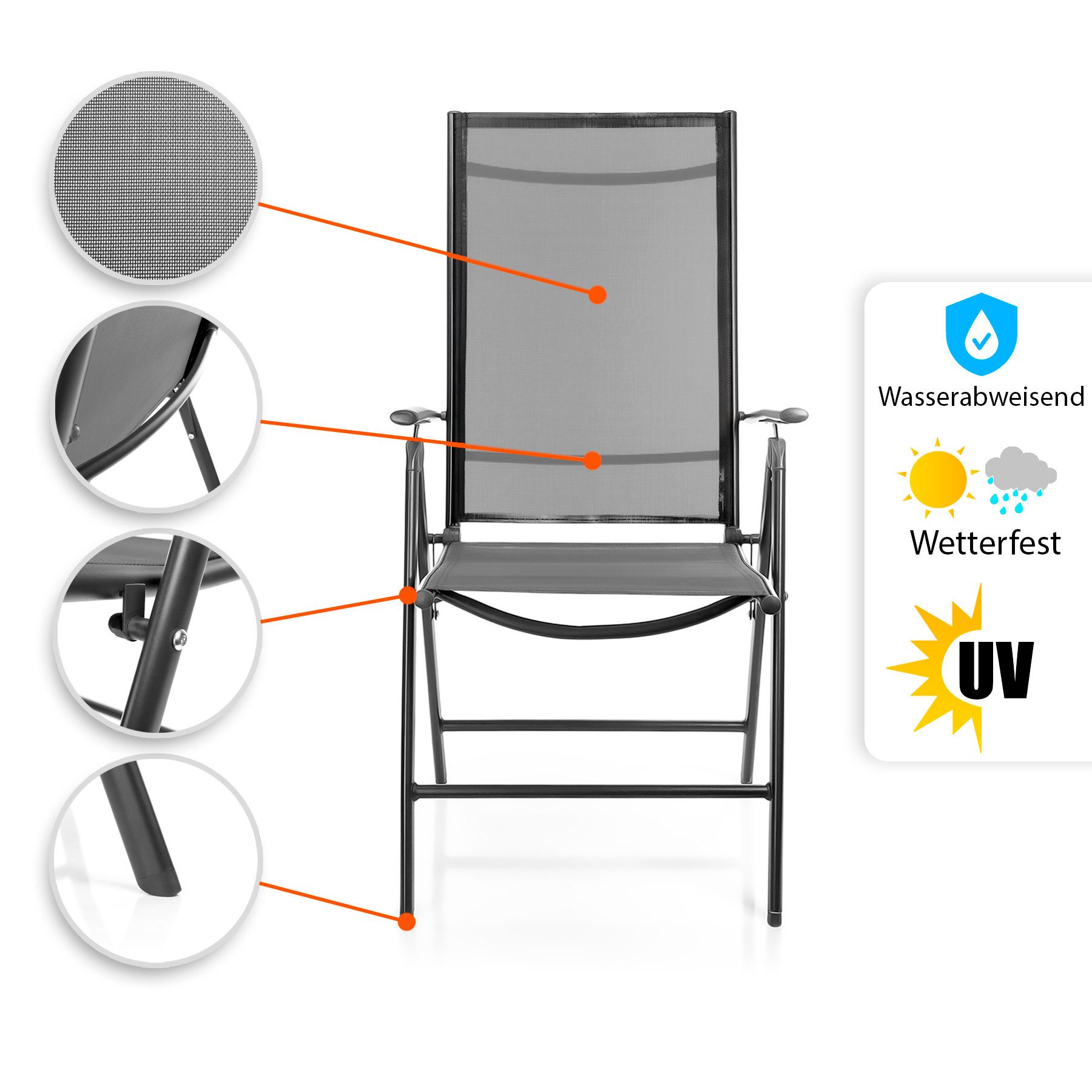 BigDean Gartenstuhl 2 Stück Balkonstühle dunkelgrau 120 kg belastbar 7-fach Verstellbar (Set, 2 St), Ergonomisches Design, Robustes Material, Atmungsaktives Gew – Bild 5 von 5