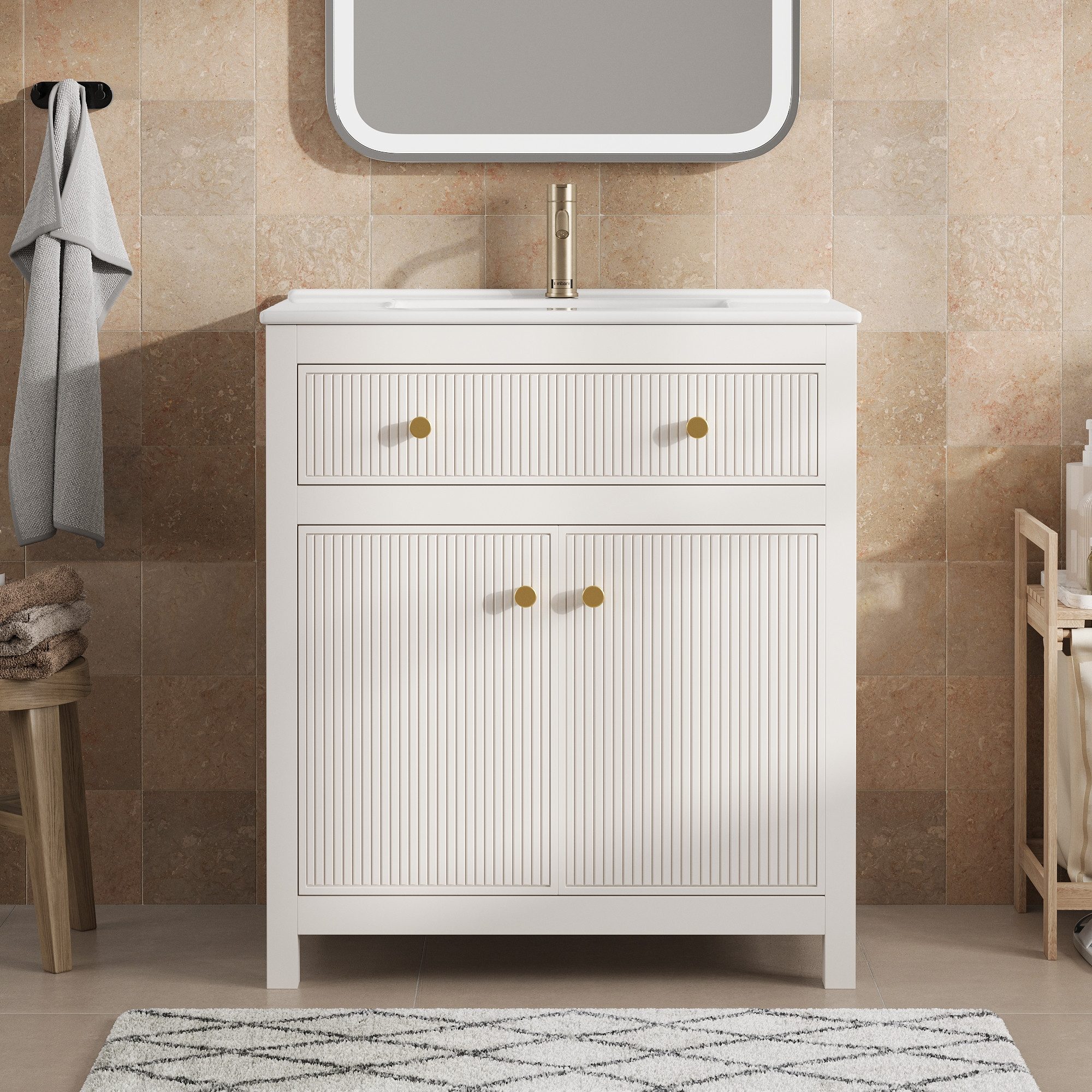 BlingBin Waschtisch Weiß Badezimmerunterschrank mit Keramikbecken (Waschbeckenunterschrank, 1-St., 81 x 46,5 x 86,5 cm), Freistehendes Modernes Waschtischunterschrank mit Geriffeltem Design