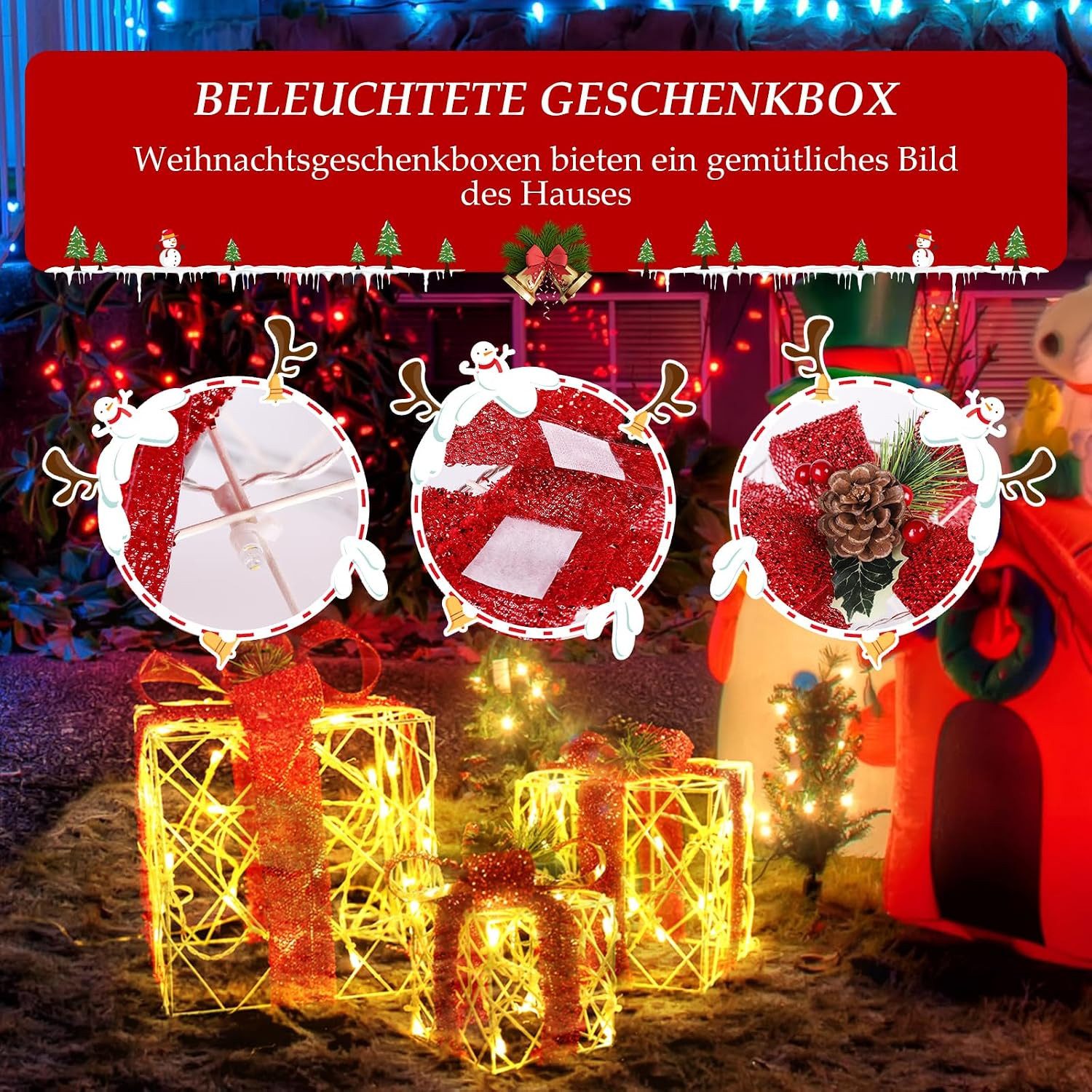 Salcar LED-Lichterkette 3er Set LED Geschenkbox Weihnachten Dekoration Lichter Weihnachtenbox, 48 LED Beleuchtete 8 Modes Weihnachts Beleuchtung Weihnachtsdeko – Bild 4 von 5