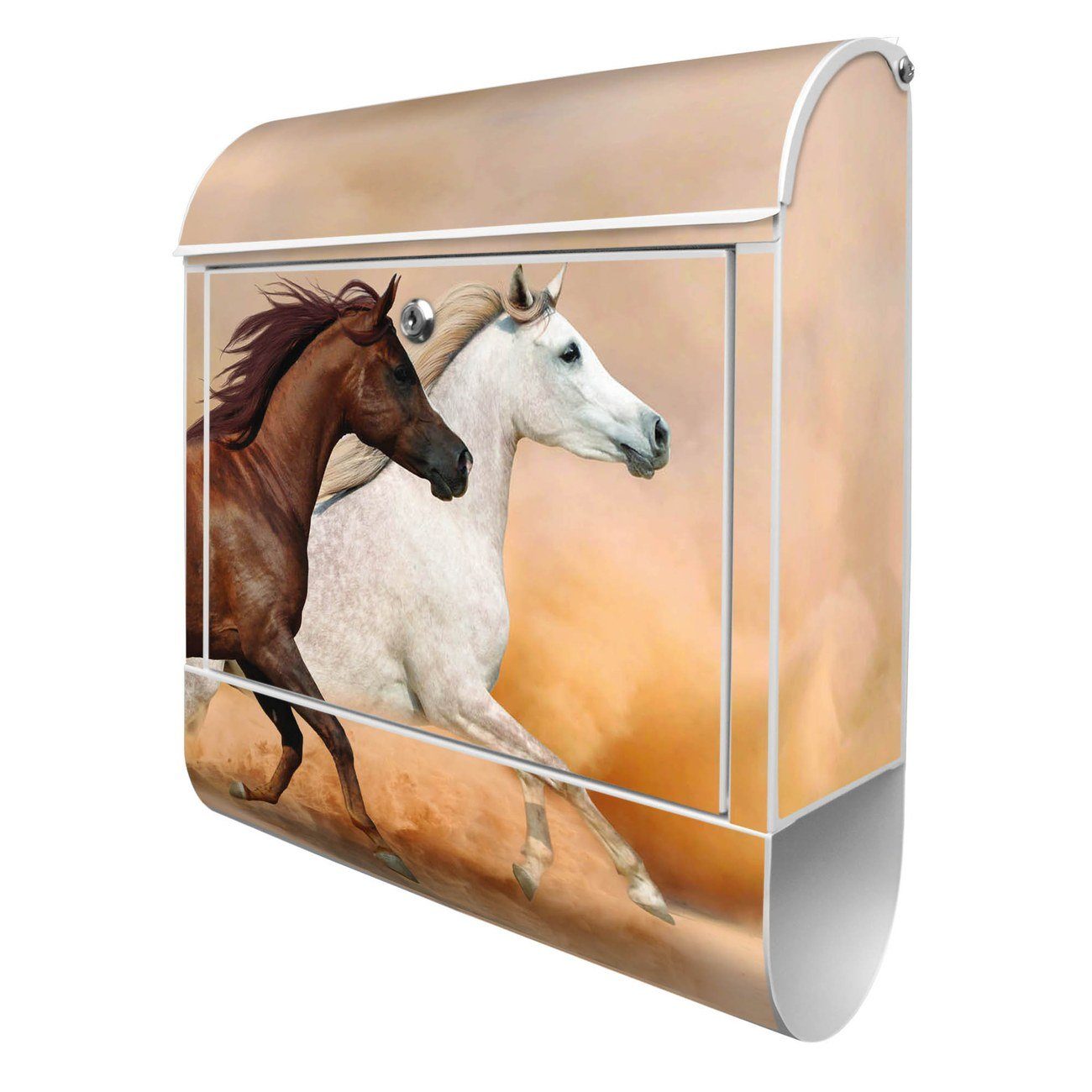 banjado Wandbriefkasten Stahl Wilde Pferde (Wandbriefkasten witterungsbeständig, pulverbeschichtet, mit Zeitungsfach), 39 x 47 x 14cm weiß