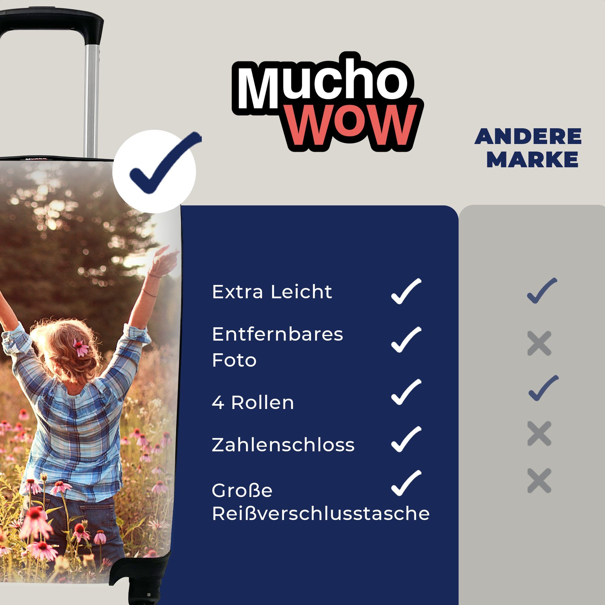 Frau für 4 Ferien, Rollen, Frühling, mit Trolley, Reisekoffer - MuchoWow Reisetasche Blumen rollen, Handgepäck - Handgepäckkoffer