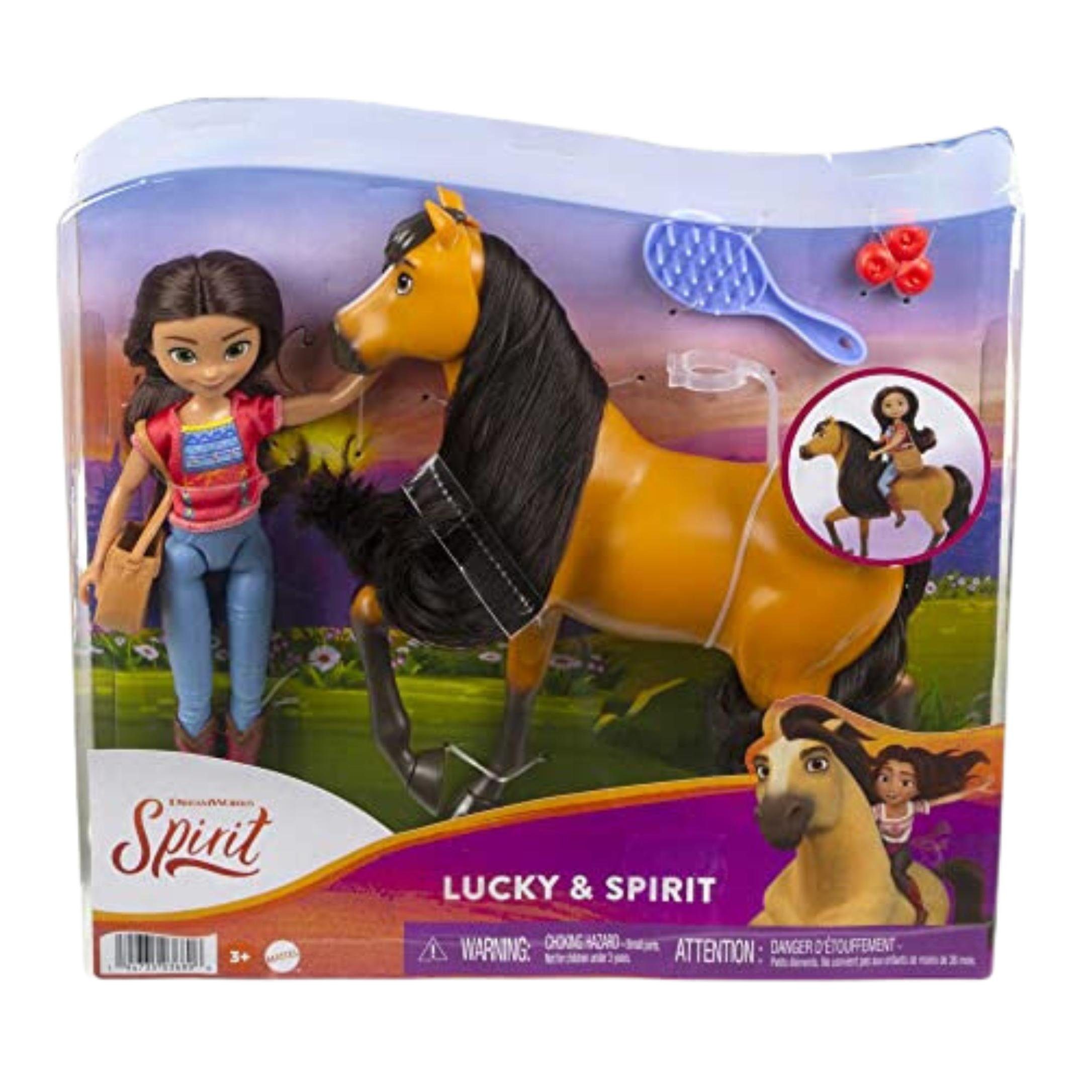 Lucky Lucky-Puppe Handtasche Spielfigur Mähne Spirit Pferd 18 Gelenke, bewegliche weiche (5-tlg., RIDING Puppe und Bürste), mit 7 DREAMWORKS cm, Pferd frisierbare Spirit Spirit FREE & cm, 20 Filmfiguren,