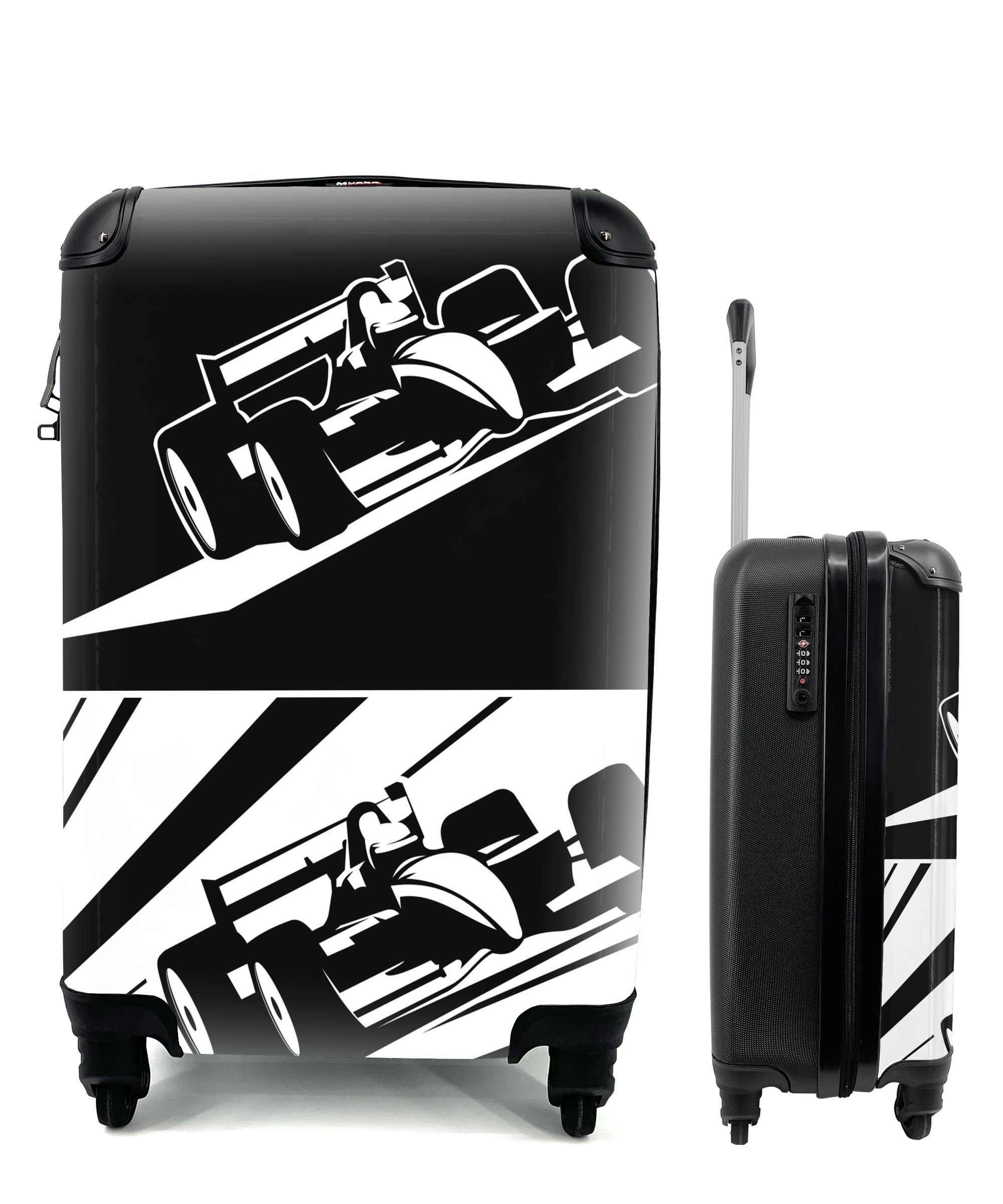 MuchoWow Handgepäckkoffer Eine Illustration von zwei schwarz-weißen Autos aus der Formel 1, 4 Rollen, Reisetasche mit rollen, Handgepäck für Ferien, Trolley, Reisekoffer