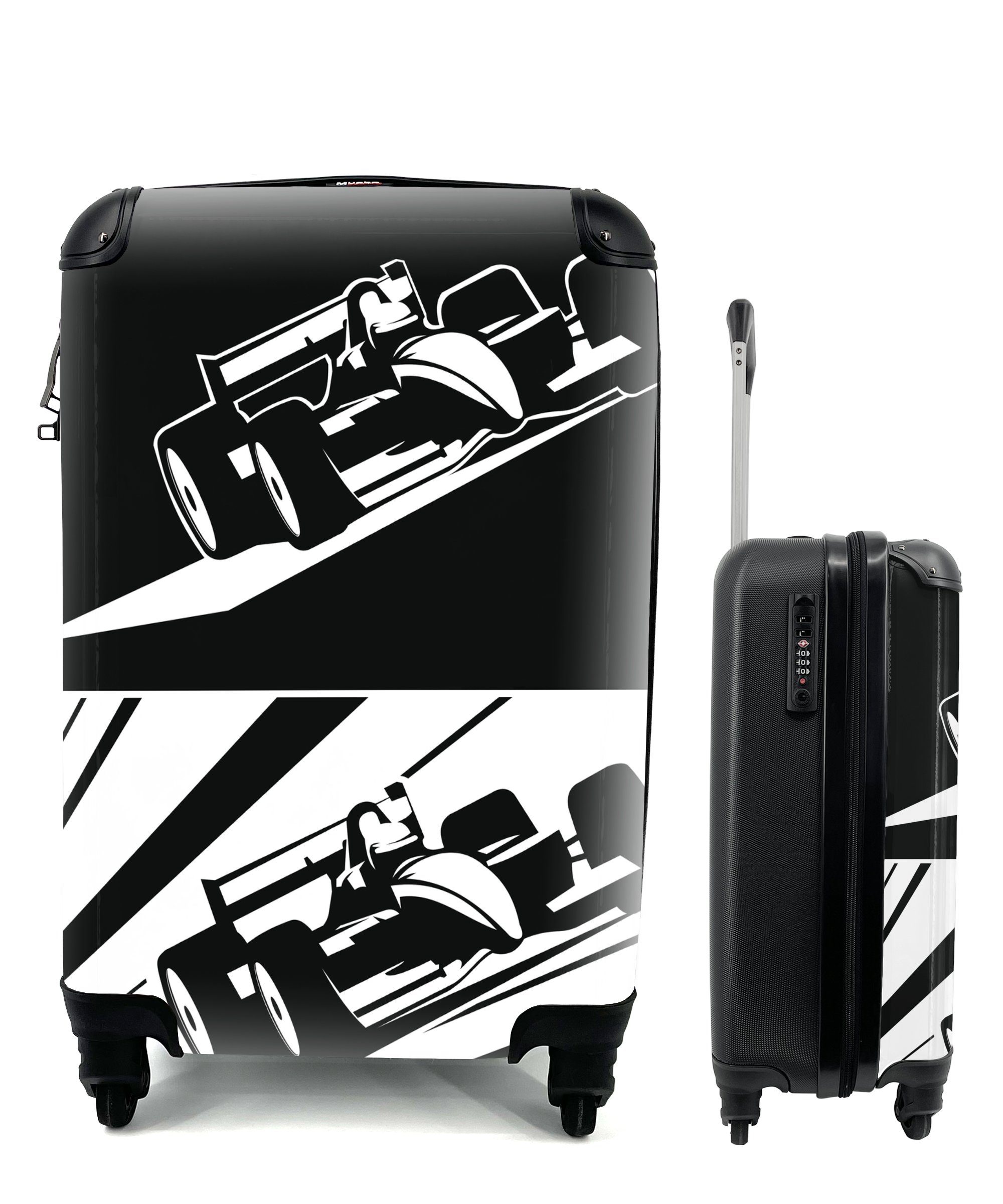 schwarz-weißen Handgepäckkoffer Autos MuchoWow Eine für 4 zwei der Ferien, von aus Handgepäck rollen, Formel Trolley, Rollen, Reisetasche mit Illustration Reisekoffer 1,