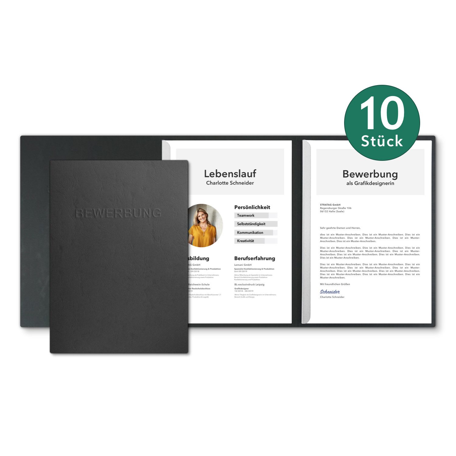 STRATAG Bewerbungsmappe in feinster Lederstruktur - 10 Stück 3-teilig mit 2 Klemmschienen (Set, 10-St., mit hochwertiger Relief-Prägung BEWERBUNG), direkt vom Hersteller STRATAG - handgefertigt in Deutschland