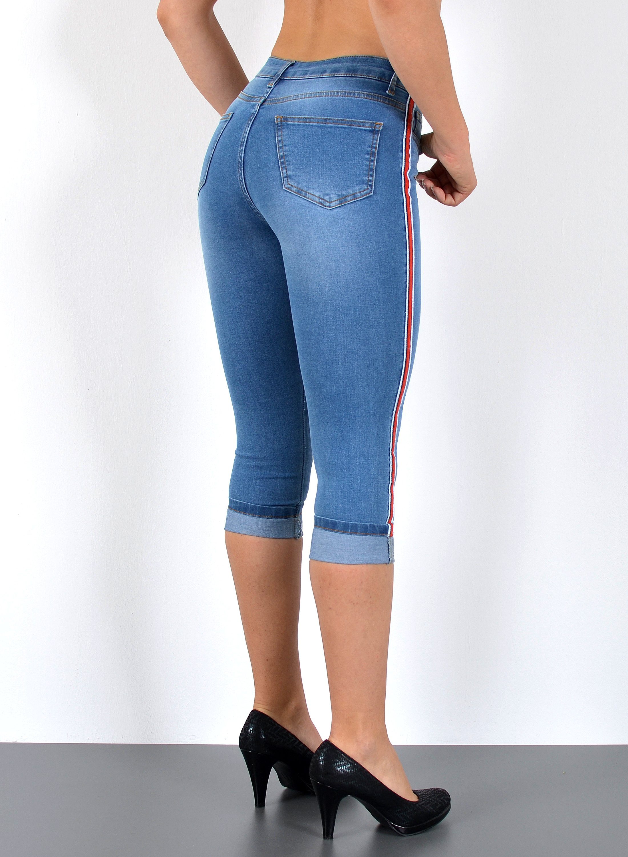 ESRA Caprijeans 3/4 Jeans Hose Capri Jeans mit Seitenstreifen Caprihose Damen Sommer High Waist Capri Jeans Damen 3/4 Hose mit Galon-Streifen bis Plus Size