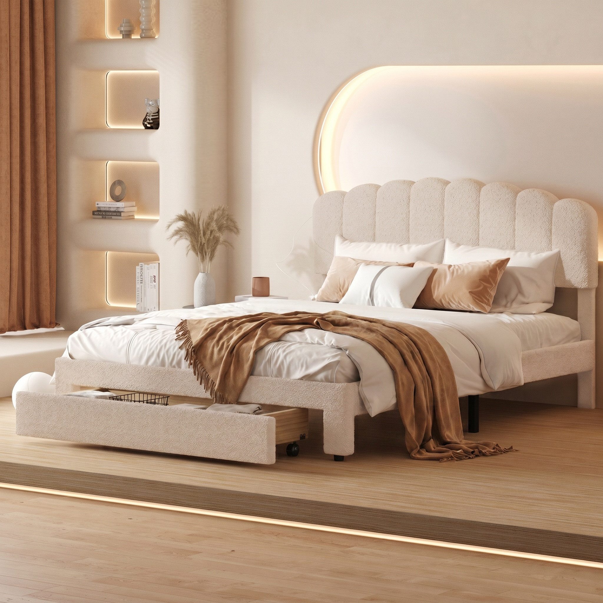 Simurq Polsterbett Stauraumbett 160x200 cm mit USB, Type-C (Set, 1-tlg) (Jugendbett mit Lattenrost, ohne Matratze), Doppelbett Bettgestell 160x200 Beige mit Schubladen