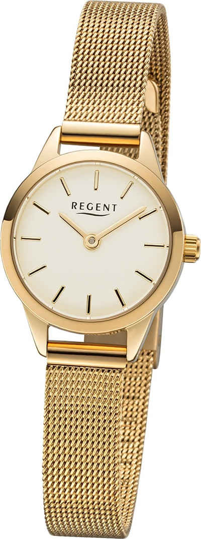 Regent Quarzuhr Regent Metall Damen Uhr F-1166 Analog, Damenuhr Metallarmband gold, rundes Gehäuse, klein (ca. 18mm)