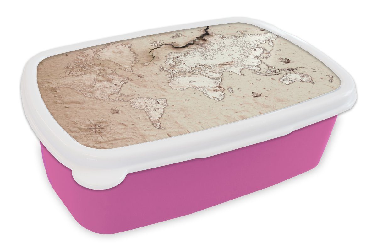 MuchoWow Lunchbox Karte - Welt - Jahrgang, Kunststoff, (2-tlg), Brotbox für Erwachsene, Brotdose Kinder, Snackbox, Mädchen, Kunststoff rosa
