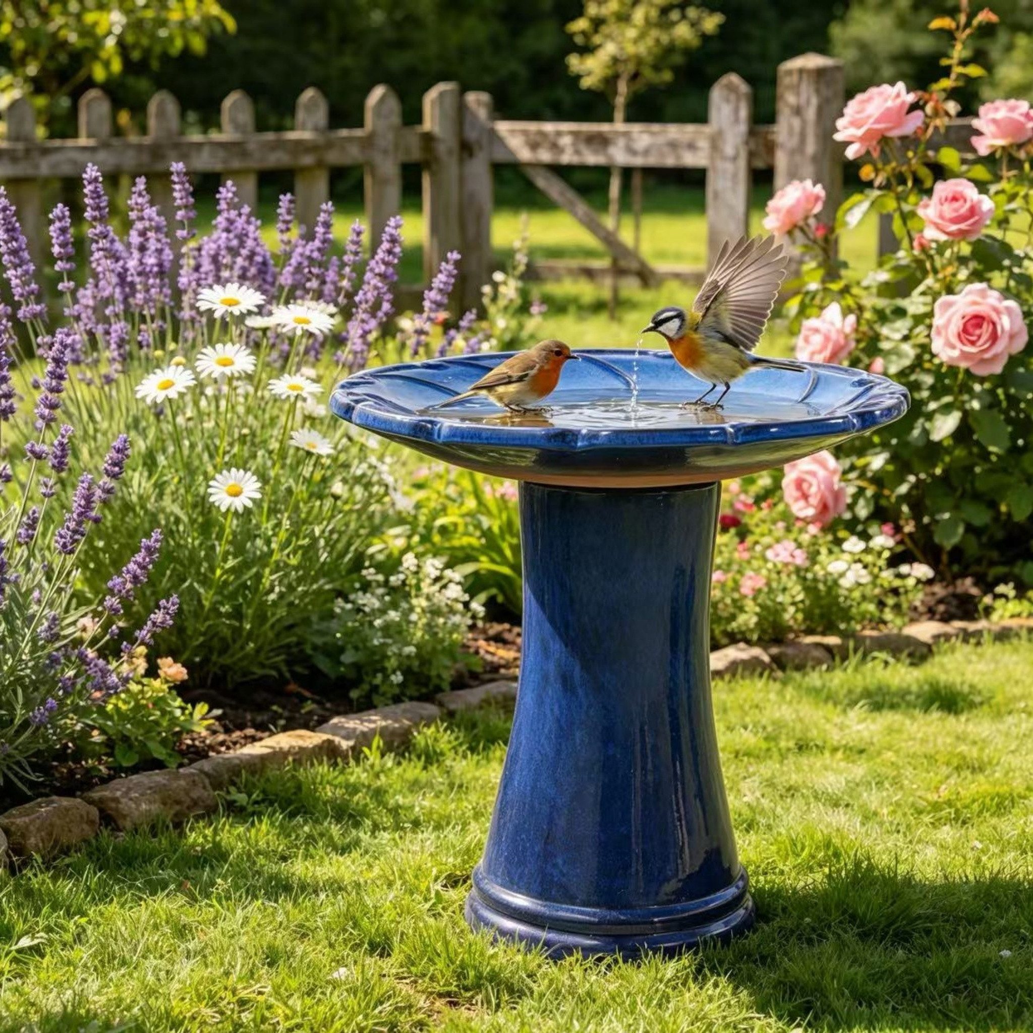 Blossom Vogeltränke Keramik Vogelbad Garten, handgefertigte Vogelfuttersäule Ø 43 cm, Königsblau frostsicheres Vogelbecken mit Standfuß, für Terrasse Balkon