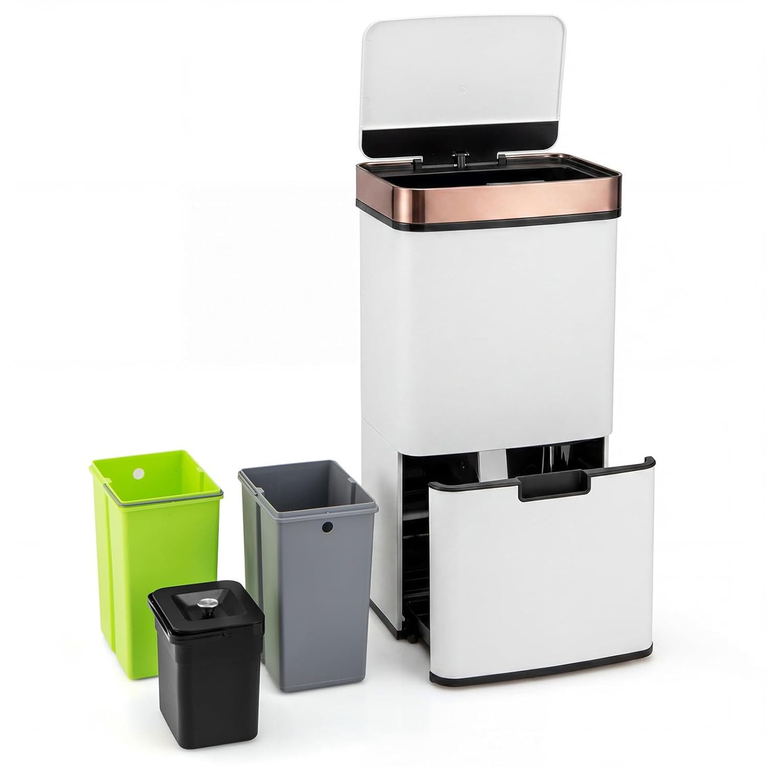 COSTWAY Mülltonnenbox, 72L(2x11L + 3,5L + 46,5L) mit Sensor, sanft Verschluss