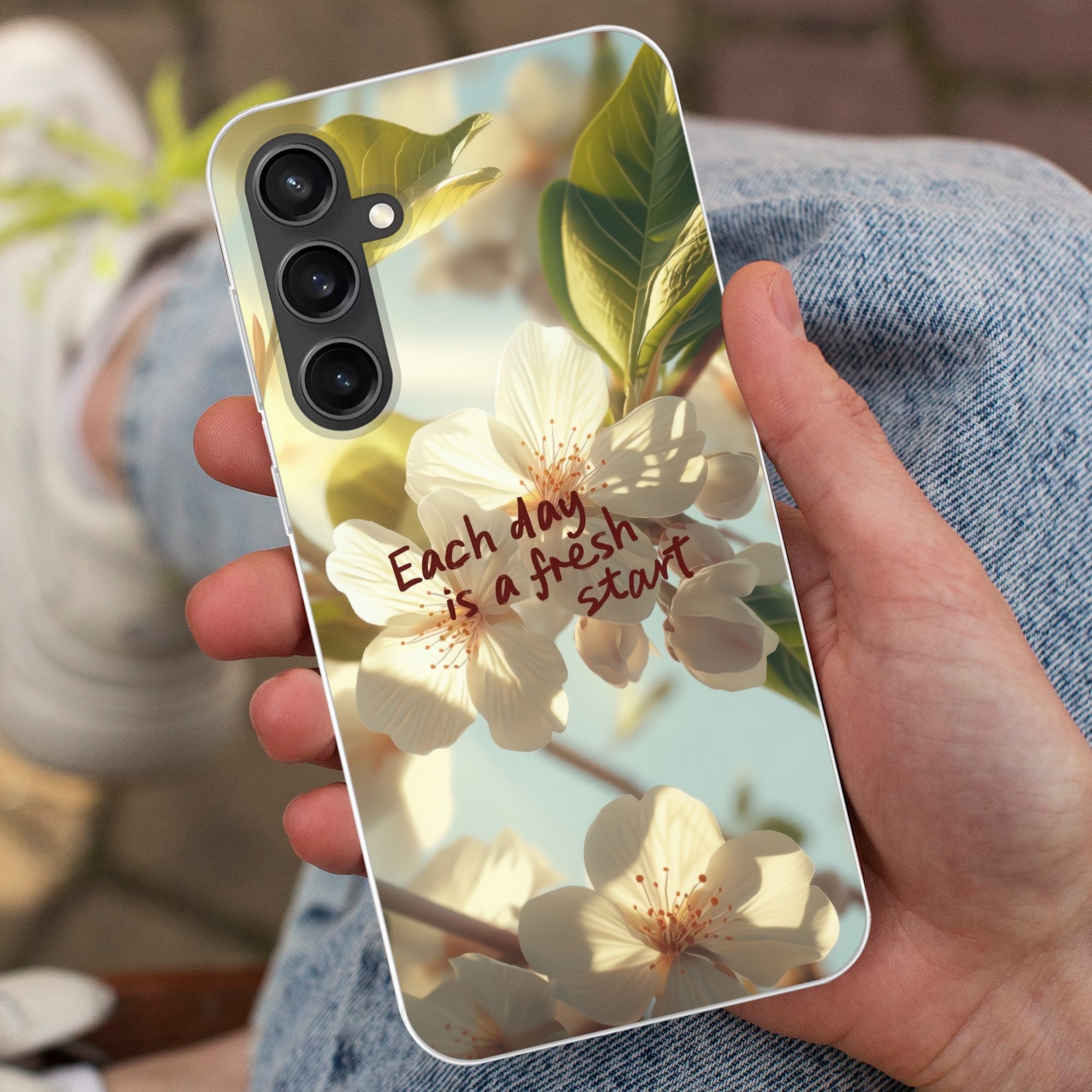 MuchoWow Handyhülle für Samsung Galaxy S23 FE Blüten - Sonnenlicht - Zitat - Weiß