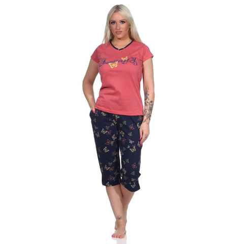 Normann Pyjama Damen kurzarm Capri Schlafanzug mit Schmetterling als Motiv