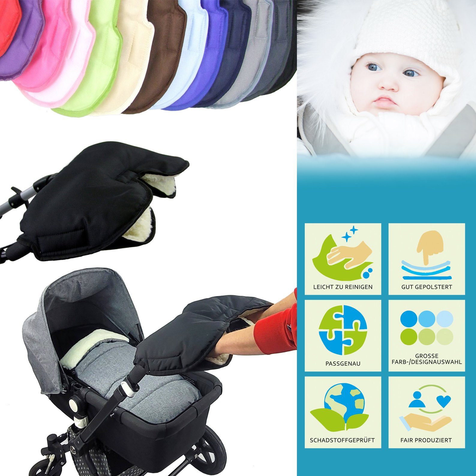 Handwärmer Muff Universalgröße by BambiniWelt UNI K. Wolle, Handschuhe hellblau Rafael Handmuff für Kinderwagen Kinderwagen-Handwärmer