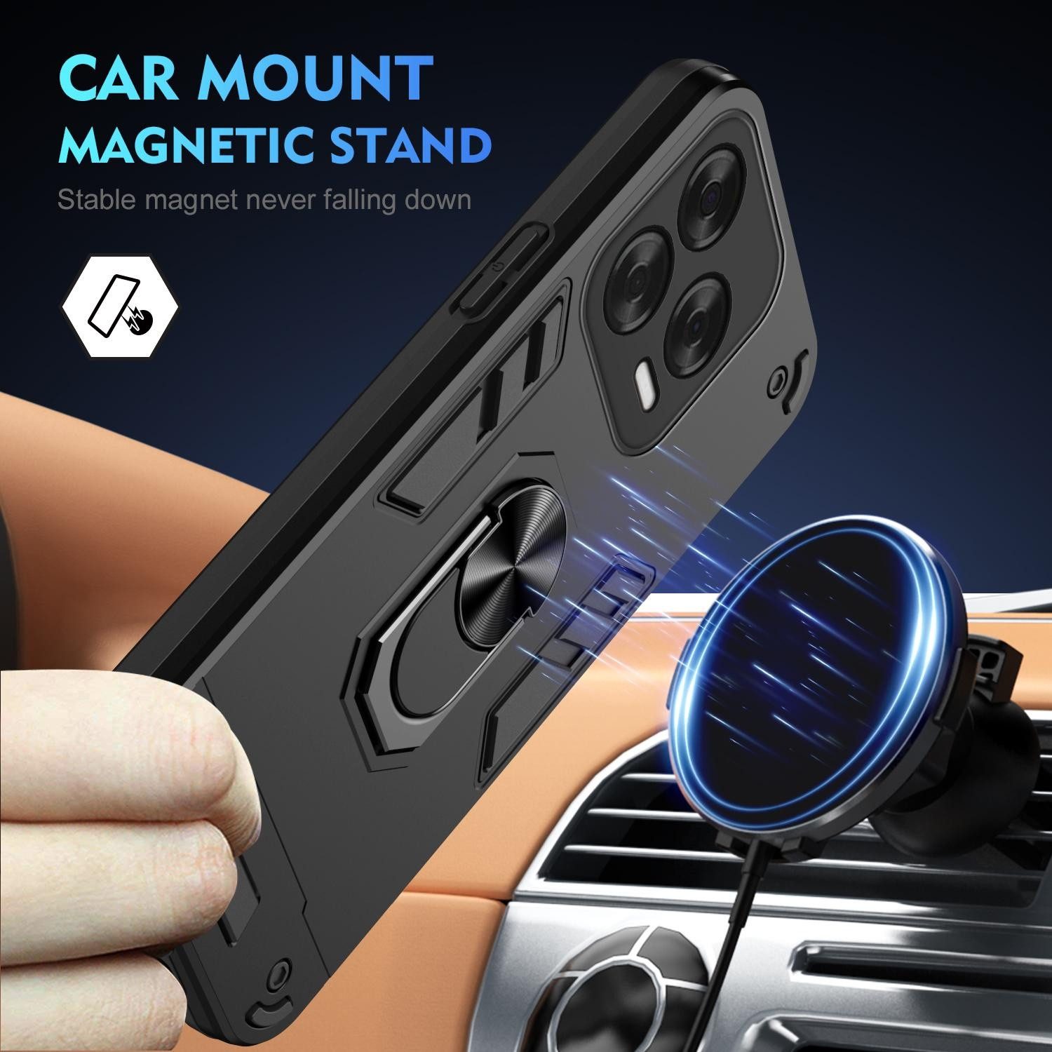 Wigento Handyhülle Für ZTE Blade V70 Vita Armor Magnet Ring Schutz Handy Hülle Schwarz, Stoßfeste Hülle mit 360-Grad-Ringhalter