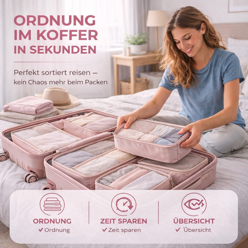 Travelfreund® Kofferorganizer 8er Set Kofferorganizer mit Kosmetiktasche und Packtaschen (Set, 8-tlg., 8x Packtaschen), Faltbar / Verstaubar / Wasserabweisend