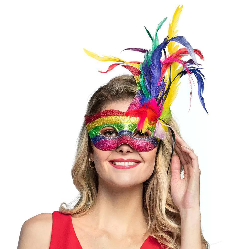 Boland Verkleidungsmaske Regenbogen-Maske Augenmaske Venice Arcobaleno Federn Regenbogen, glitzernder Effekt für festliche Auftritte