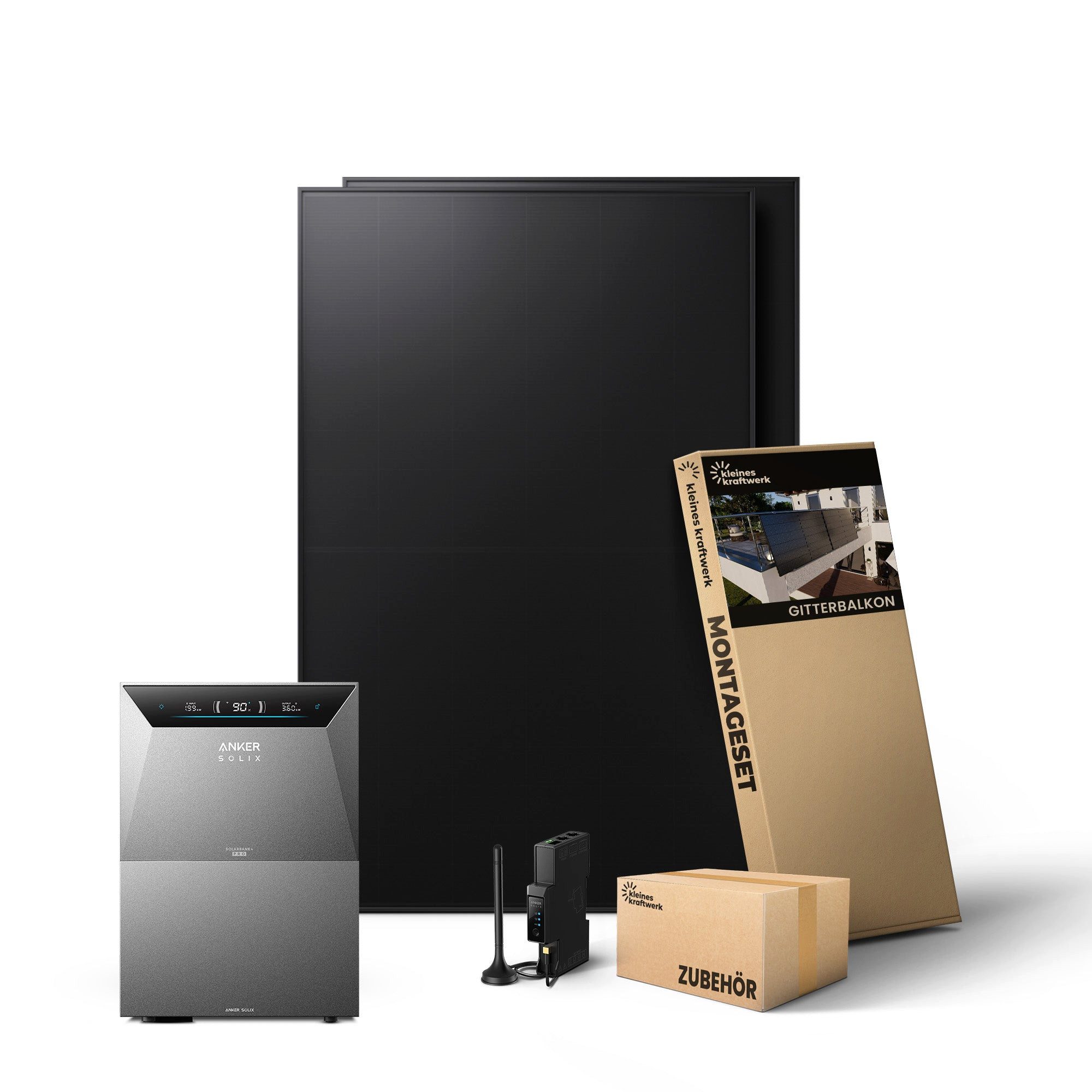 Kleines Kraftwerk Balkonkraftwerk Duo mit Speicher (Anker Solarbank 4 Pro), 960 W, Monokristallin, (Gitterbalkon, Solaranlage Komplettset mit Speicher), 2 x 480W, Anker Solarbank 4 Pro