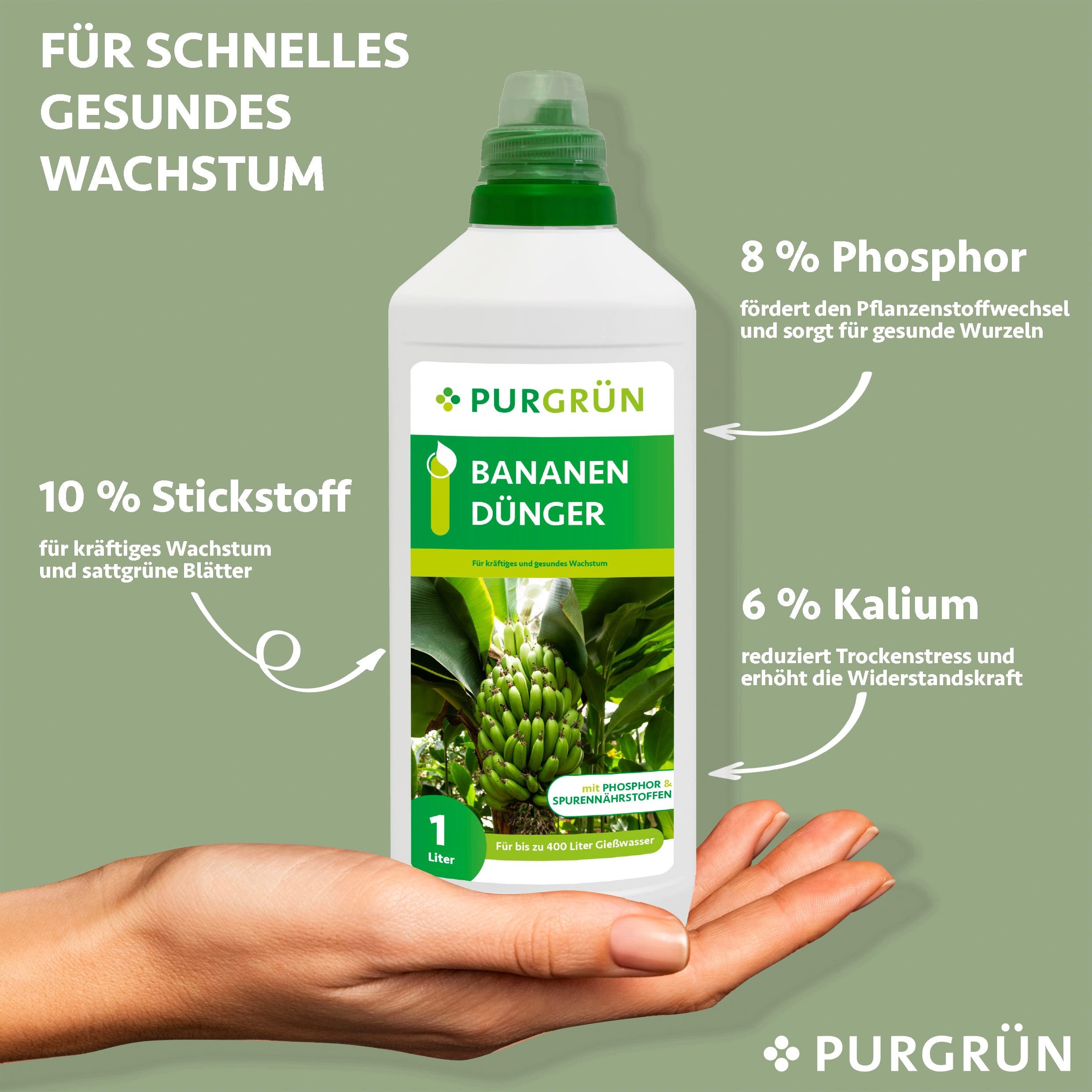 Thumbnail - Purgrün Obstdünger Purgrün Bananendünger, NPK 10+8+6, kräftiges Wachstum, 1 Liter, Flüssigdünger, Mit allen wichtigen Ha...
