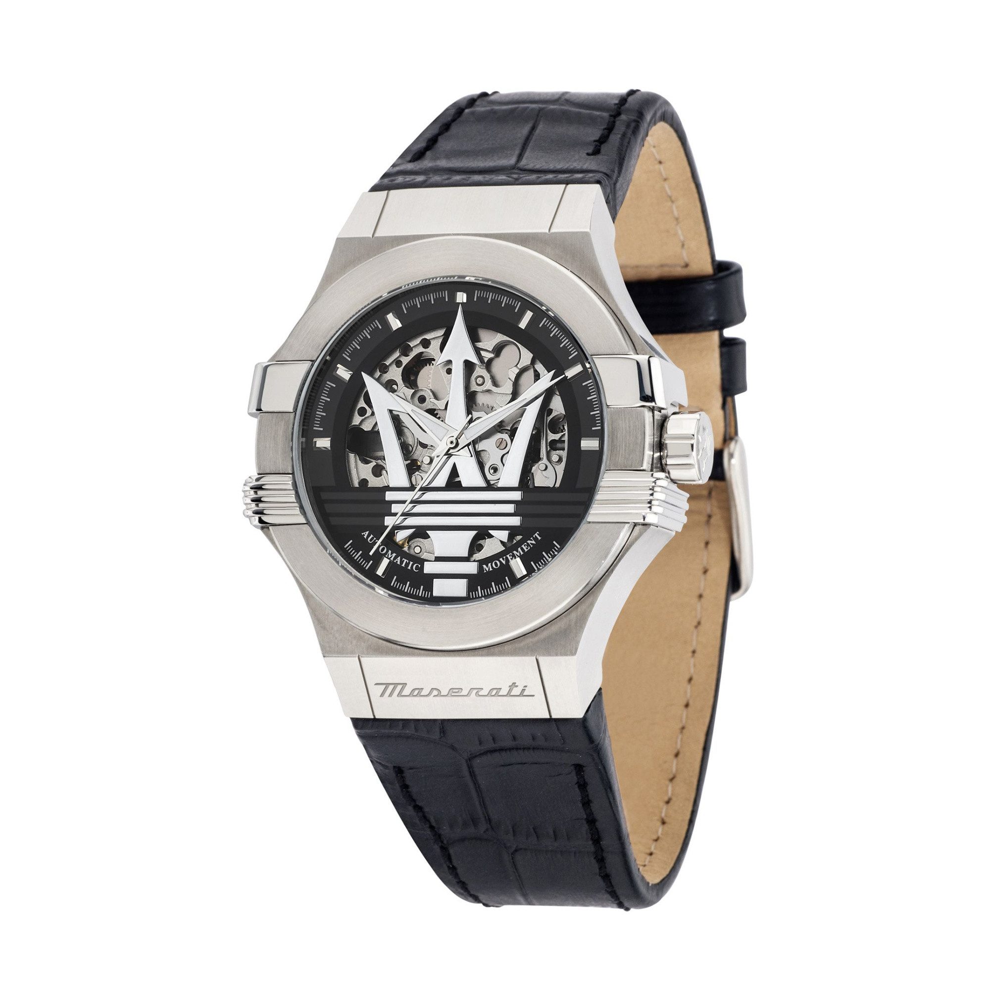 MASERATI Automatikuhr Potenza R8821108052, 42 mm – Herrenuhr mit skelettiertem Zifferblatt, & schwarzem Lederarmband