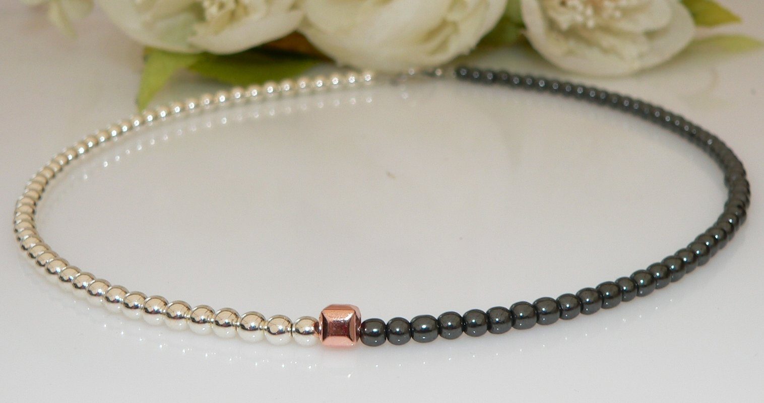 traumschmuck Collier 225 Halskette, Hämatit Perlen schwarz silber Würfel rosègold (Geschenk, Muttertag, Weihnachten, Geburtstag, Valentinstag, incl. Schmuckbox), handgefertigt, Made in Germany