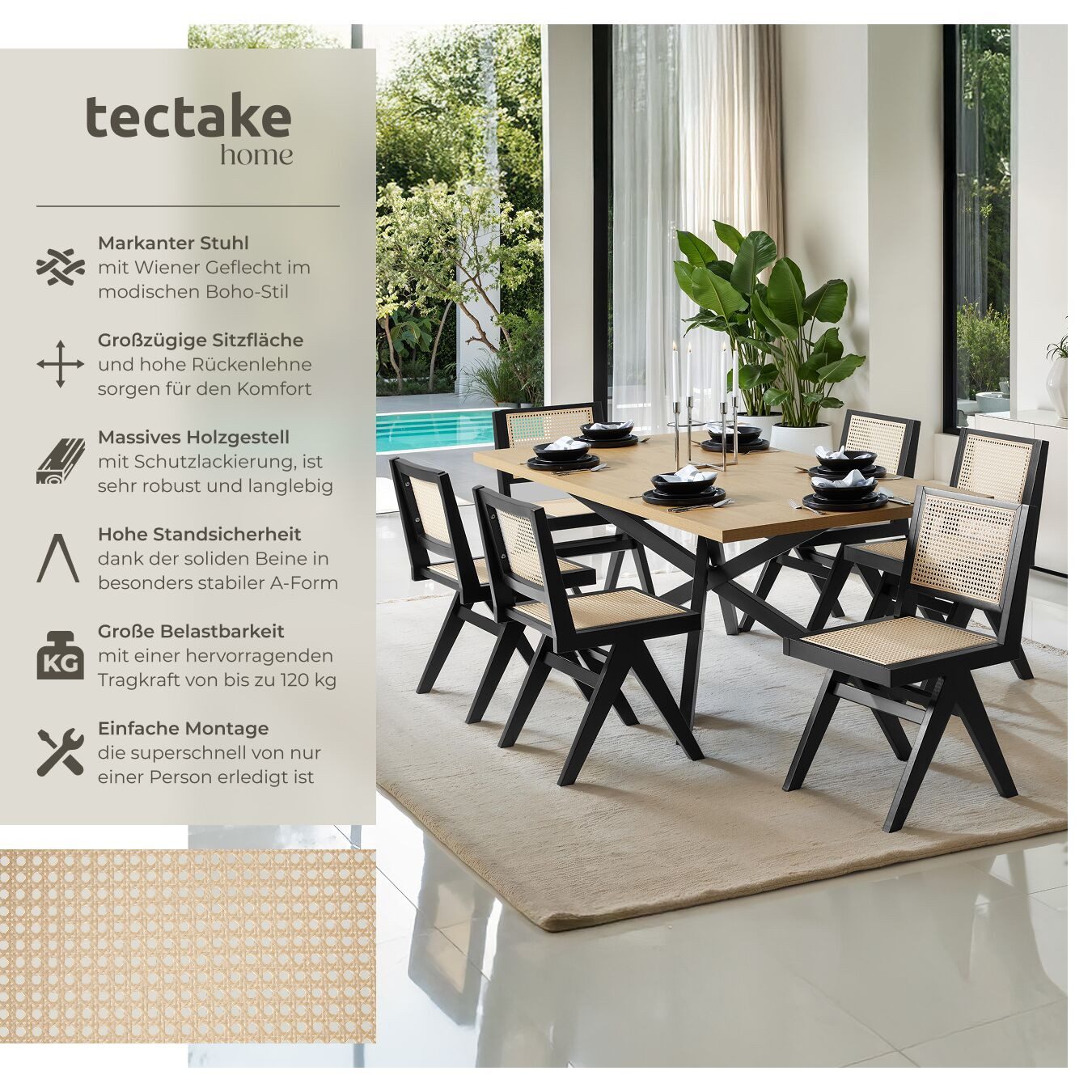 tectake Esszimmerstuhl Holzstuhl Lissy mit Wiener Geflecht im Boho-Stil (Se günstig online kaufen