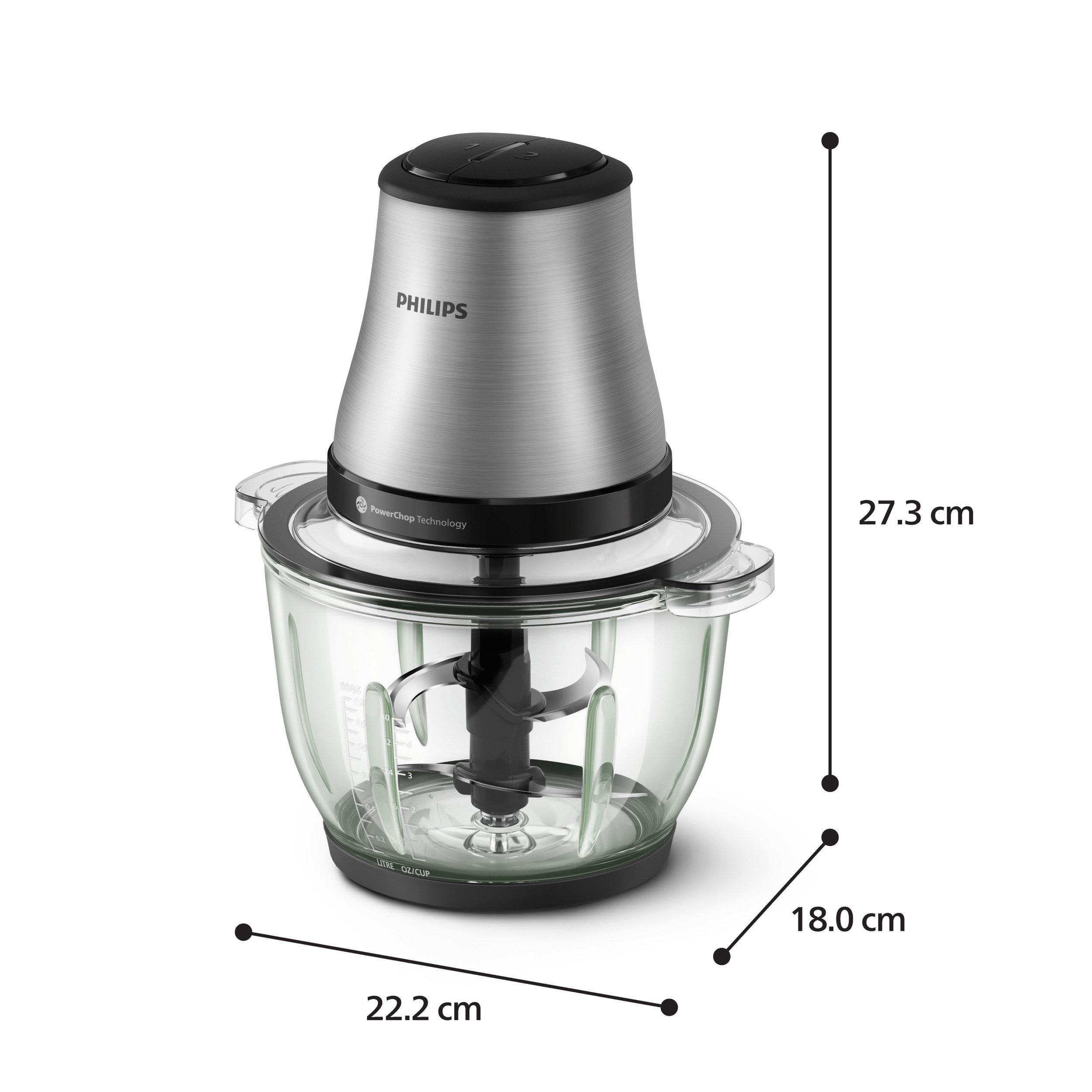 Philips Zerkleinerer HR1503/00 3000 Series mit PowerChop Technologie, 450 W, 2L Glassschüssel, Edelstahl