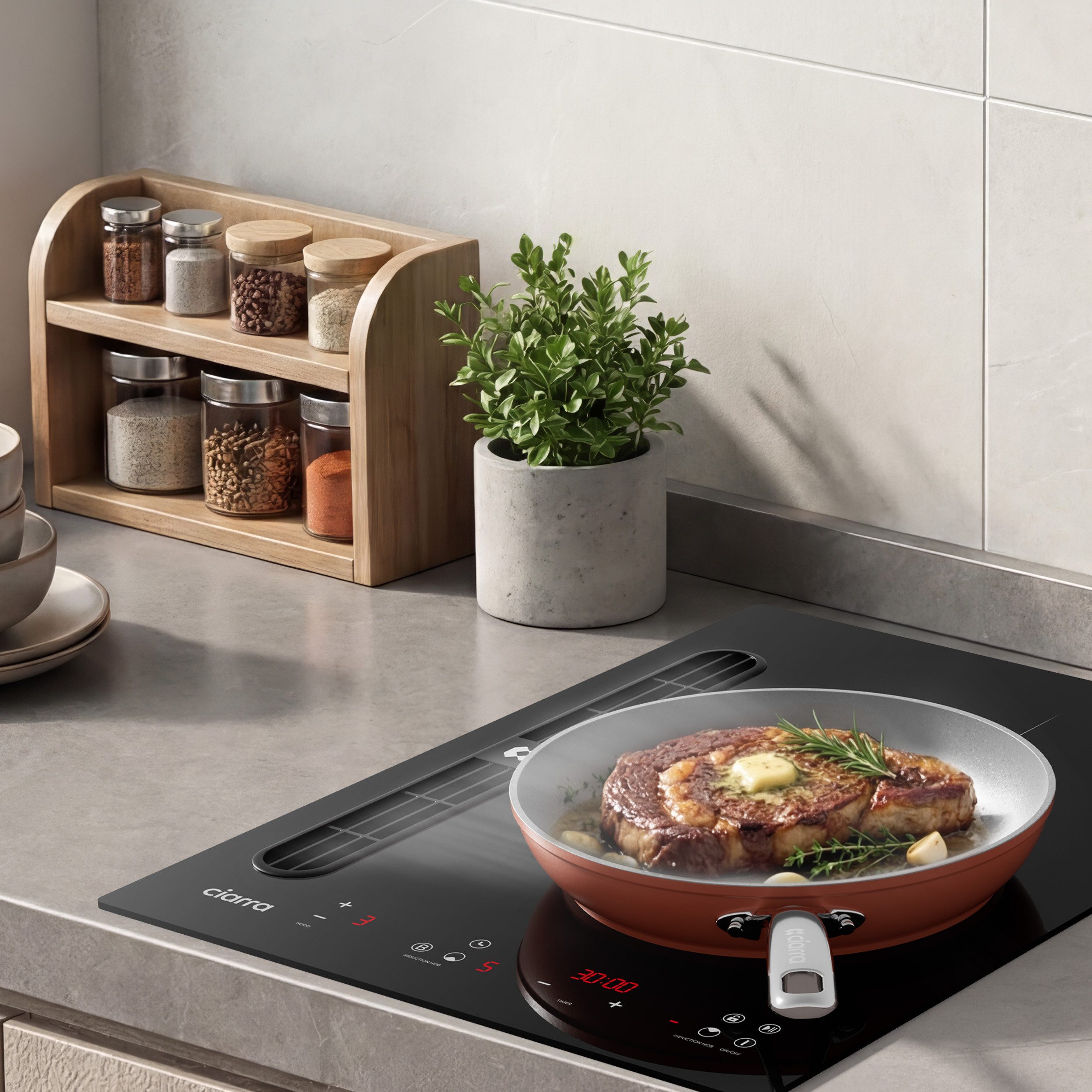 CIARRA Kochfeld mit Dunstabzug 39 cm Kochfeldabzug mit integriertem Plasma⁺-System 3565W CIARRA ONE CBBEH392B, 2 Zonen Induktionskochfeld mit Dunstabzug 39cm mit Boost Touch