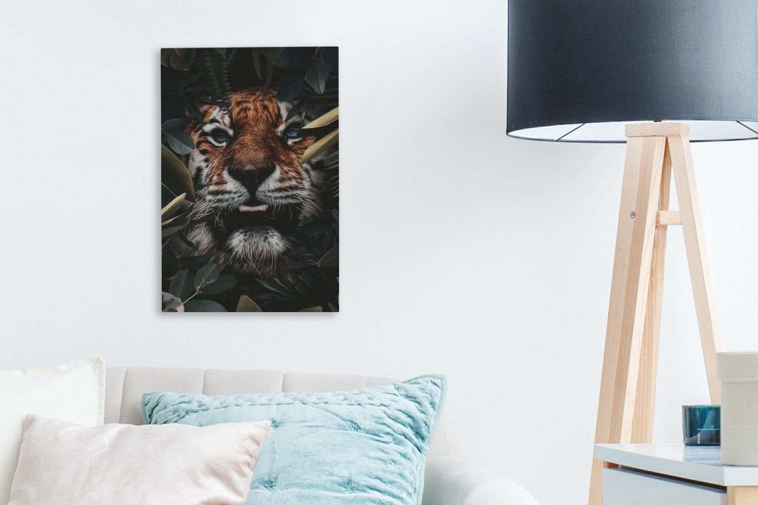 Zackenaufhänger, - OneMillionCanvasses® inkl. Leinwandbild - Tiger 20x30 fertig cm St), (1 Leinwandbild Nahaufnahme Gemälde, Pflanzen, bespannt
