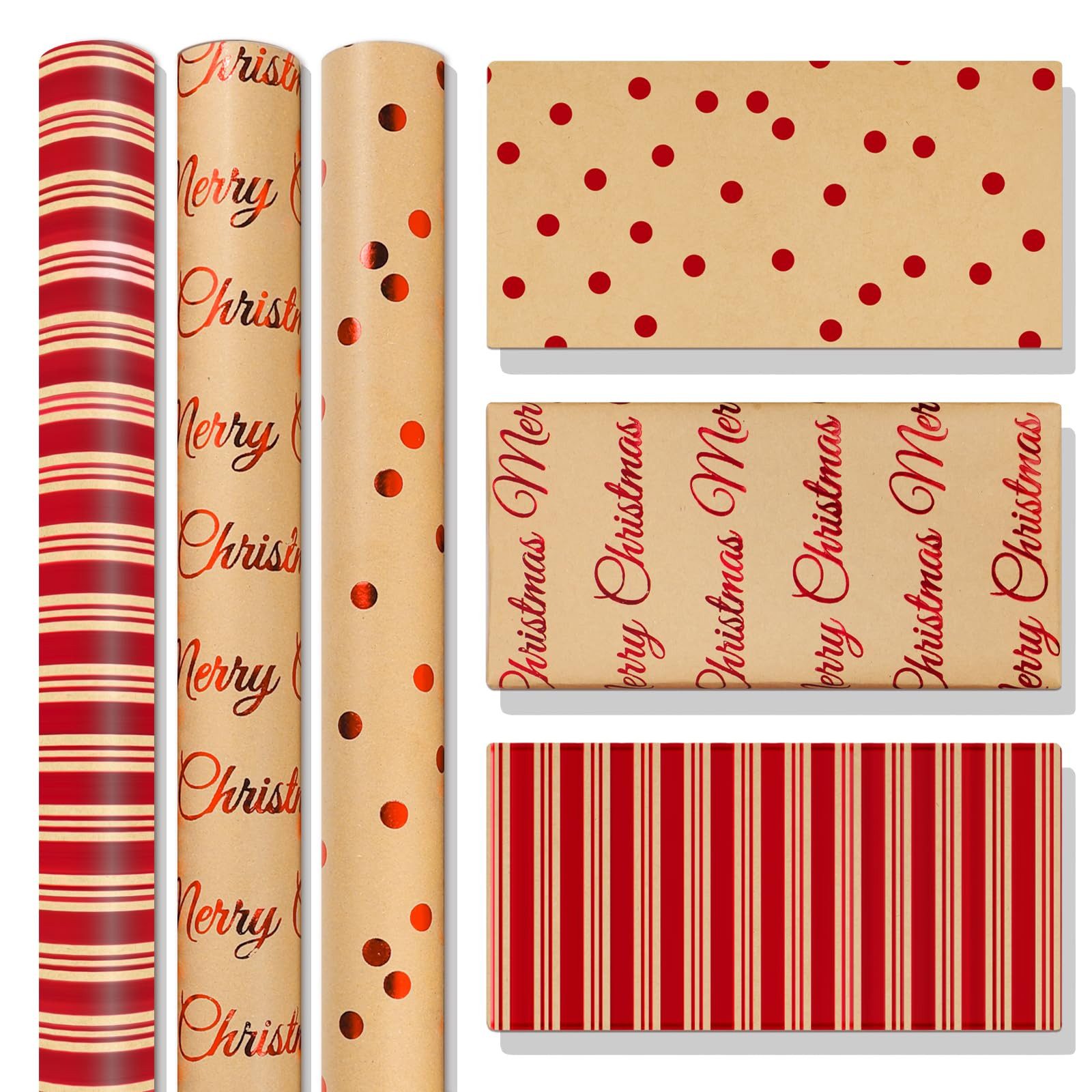 FOUORTUNATE-BEE Geschenkpapier 3er-Set Weihnachts-Geschenkpapier Rot mit Punkten, Streifen Motiven, Geschenkpapierrollen für Weihnachten, Geburtstag & Kinderparty-Deko