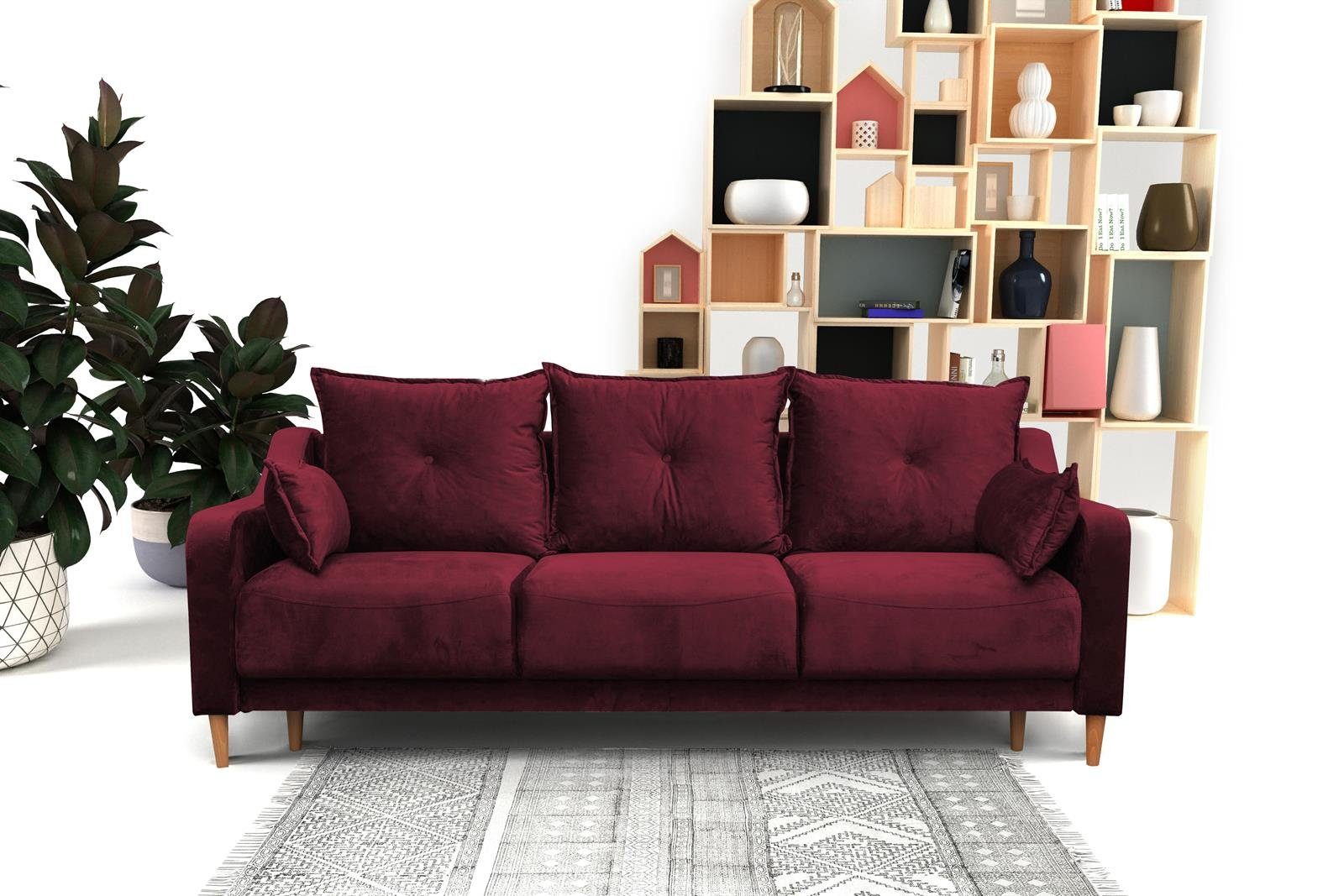 Beautysofa Sofa LENNY, 217 cm Polstersofa, Sofa im Skandinavisches Stil, mit Schlaffunktion und Bettkasten, mit Holzbeine Rot (riviera 59)