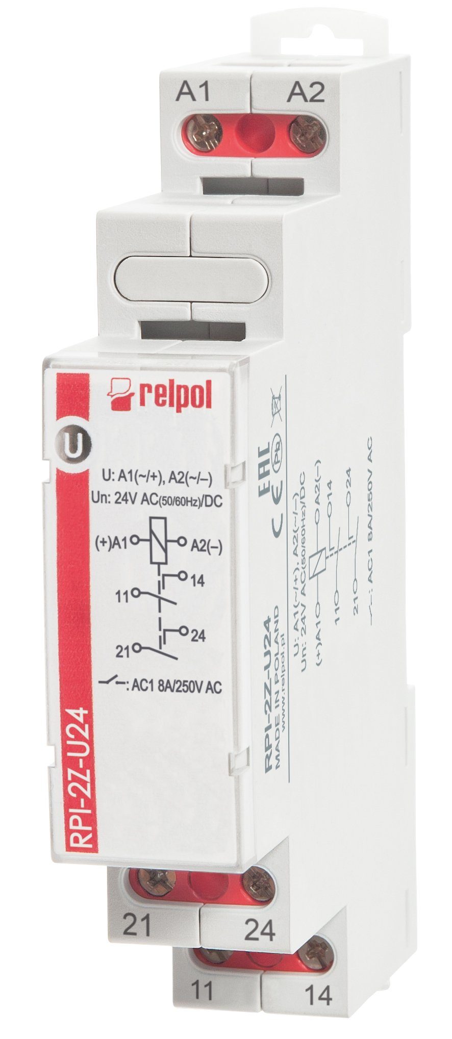Relpol Verteilerbox RPI-2Z-U24 - 24V AC/DC 8A Installationsrelais 2 Schliesser, Schaltrelais für Hutschiene