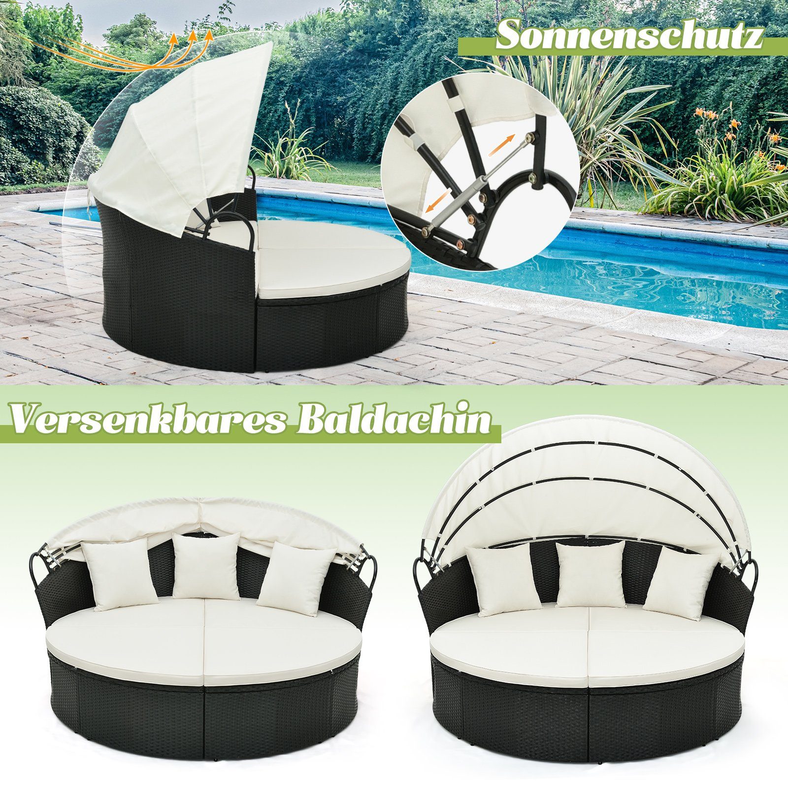 COSTWAY Sonneninsel, mit einziehbarem Dach, Kissen, Loungebett Rattan