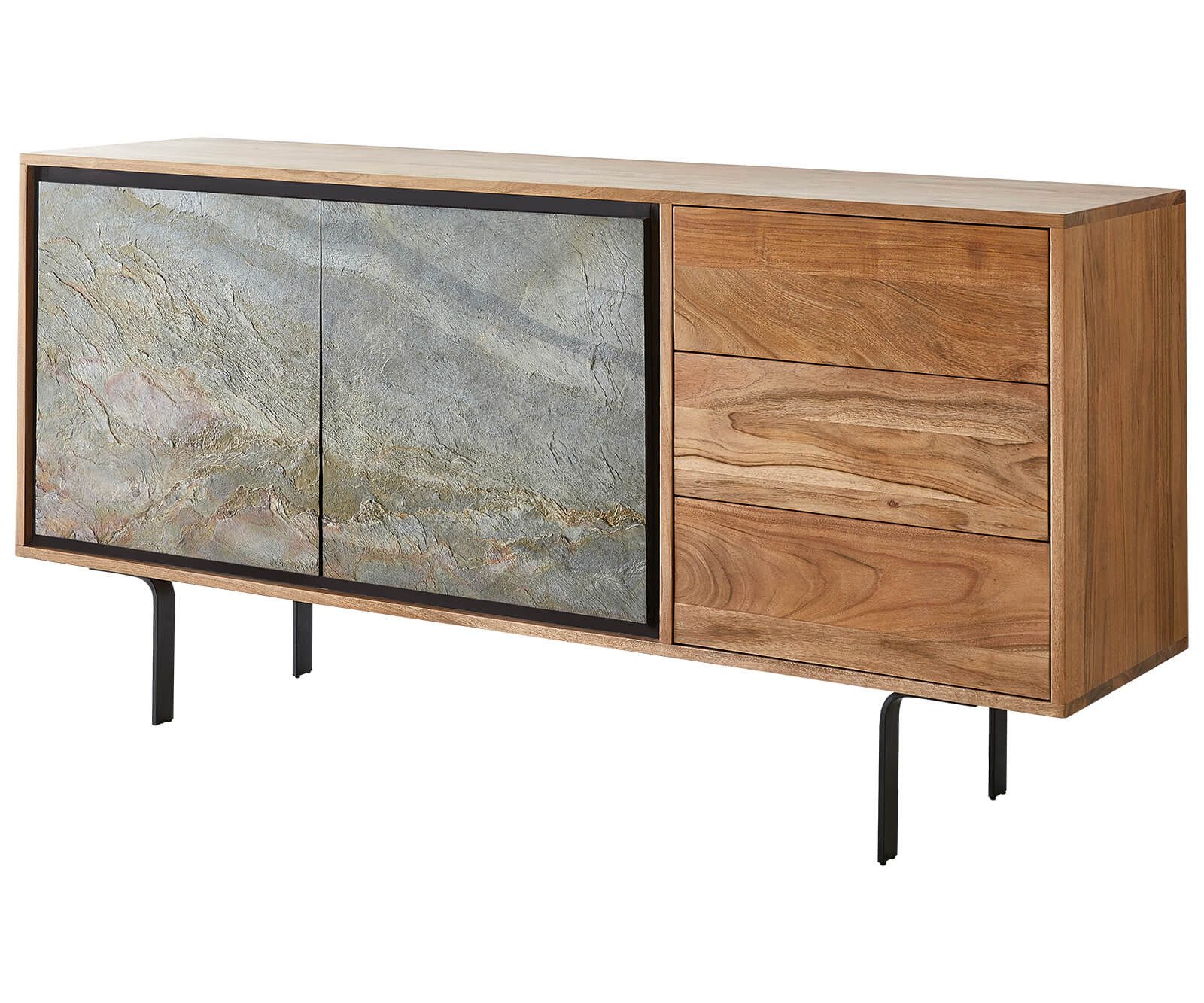 DELIFE Sideboard Juwelo, 150x40x75 Akazie Natur Stein Beine Schwarz