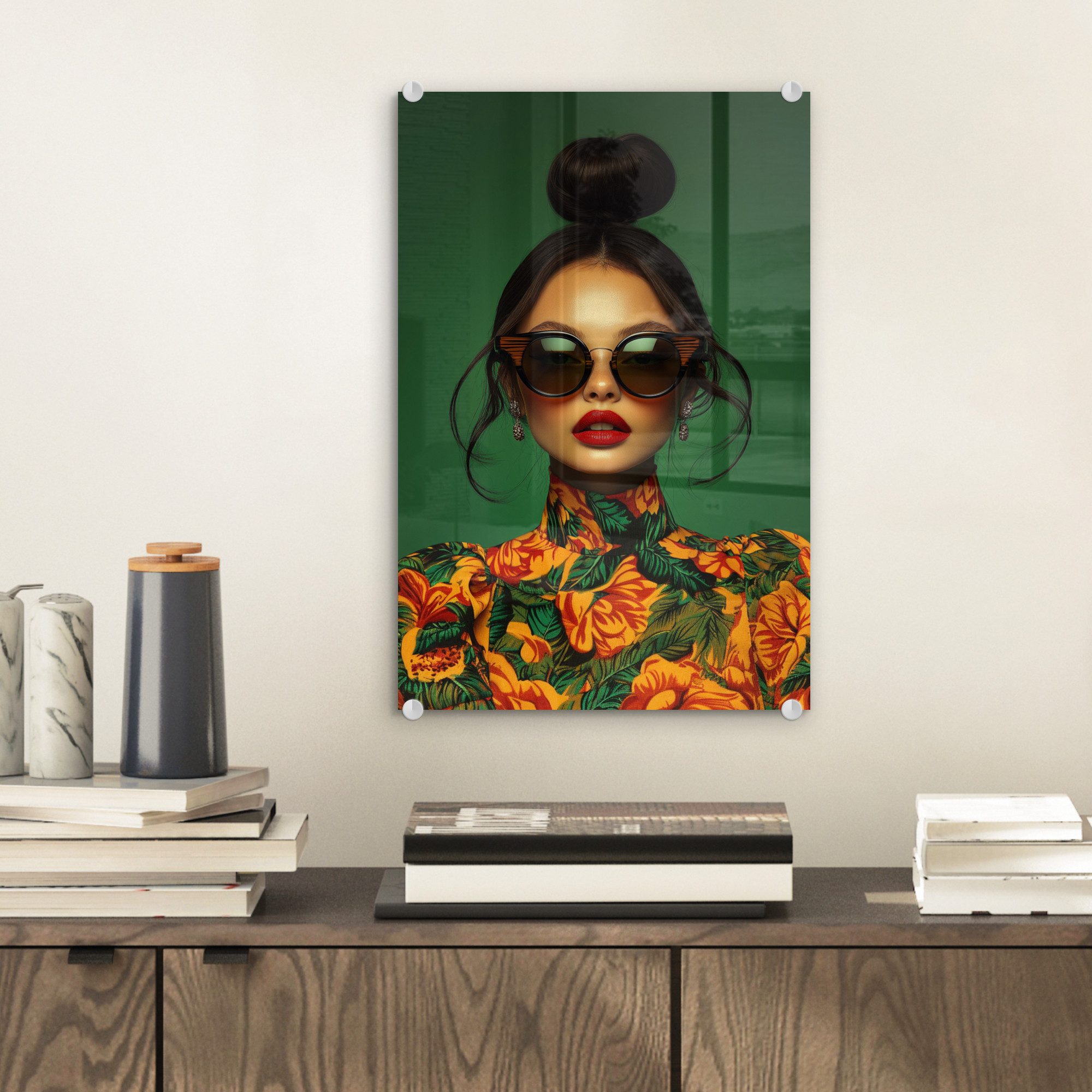 MuchoWow Acrylglasbild Frau - Grün - Modern - Brille - Abstrakt, Inkl. Aufh günstig online kaufen