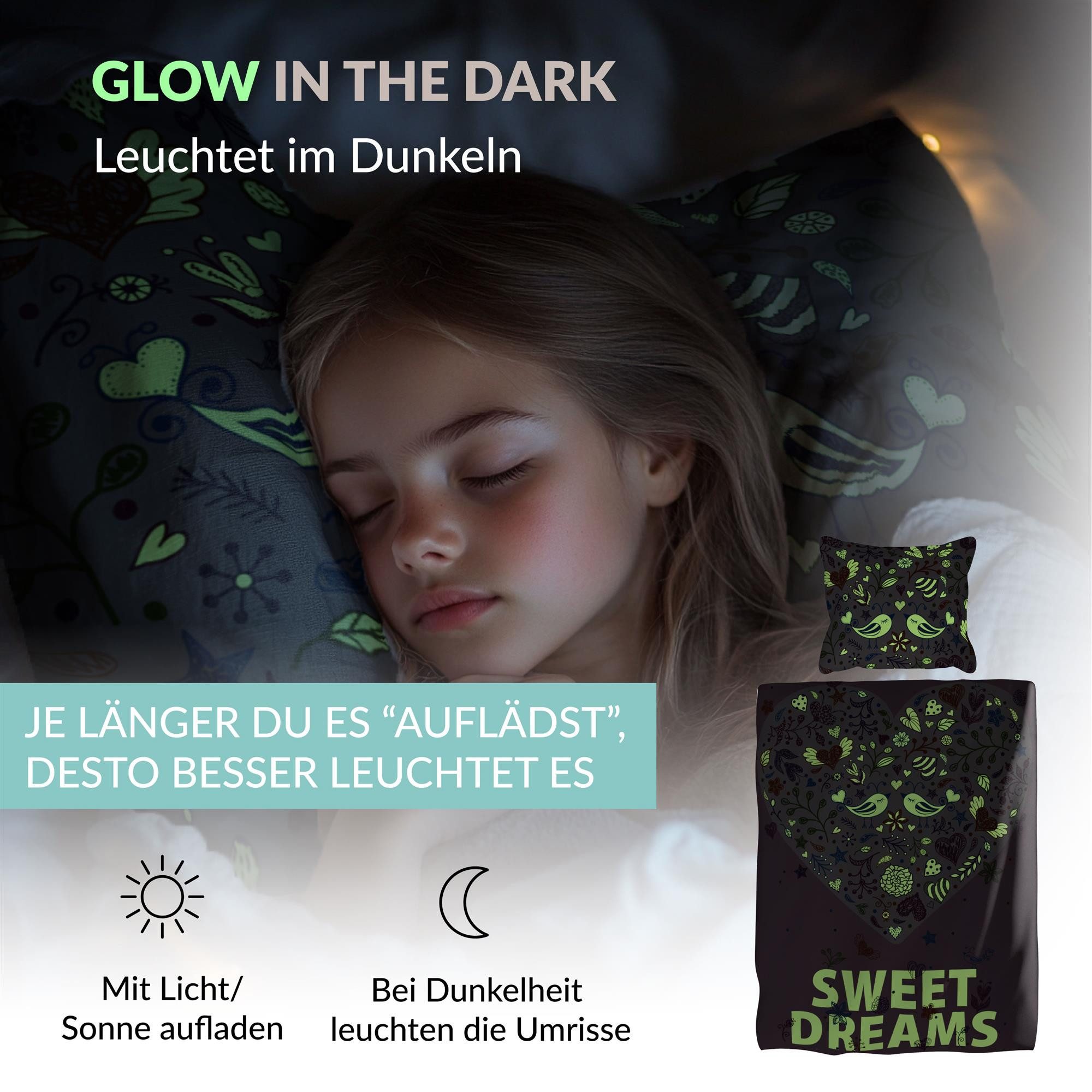 Carpe Sonno Kinderbettwäsche 135 x 200 Mädchen Leuchtend Bettwäsche Kinder Rosa Herz Blumen +SPIELE, Renforcé, 2 teilig, GLOW IN THE DARK Bettbezug 135x200 - 10 – Bild 4 von 5