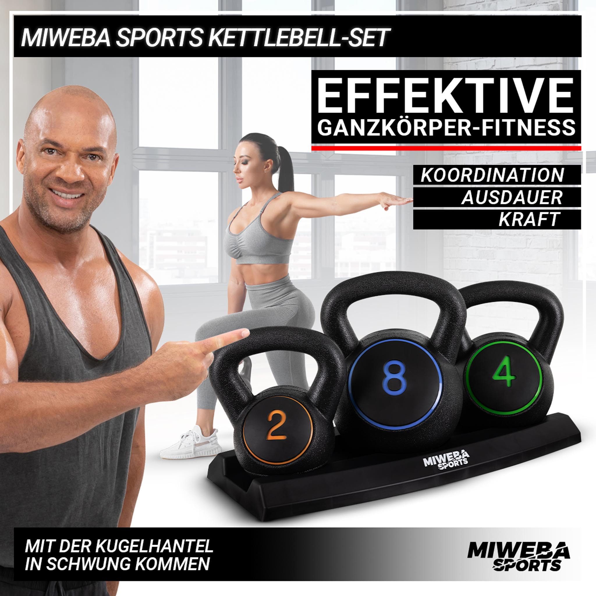 Miweba Sports Kettlebell Premium Kettlebell Set inkl. Ablage, 2/4/8 Kg, (Schwunghantel - Hantelset Indoor & Outdoor - Krafttraining Workout Kugelgewicht Übungsseil, Total 14Kg, 2/4/8Kg), Fitness Seil Kurzhantel Hanteln Gewichte Kugelhantel Beton