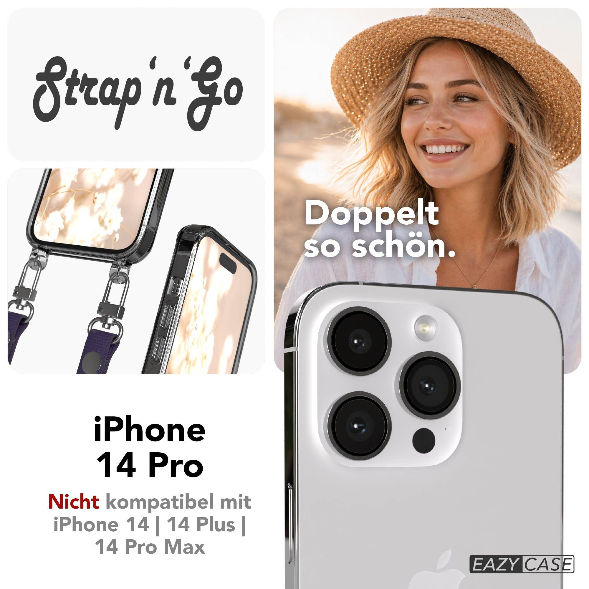 EAZY CASE Handykette für Apple iPhone 14 Pro Handyhülle mit Handyband magnetisch, Kordel fürs Handy in Lila mit flexibler Länge und Magnetband