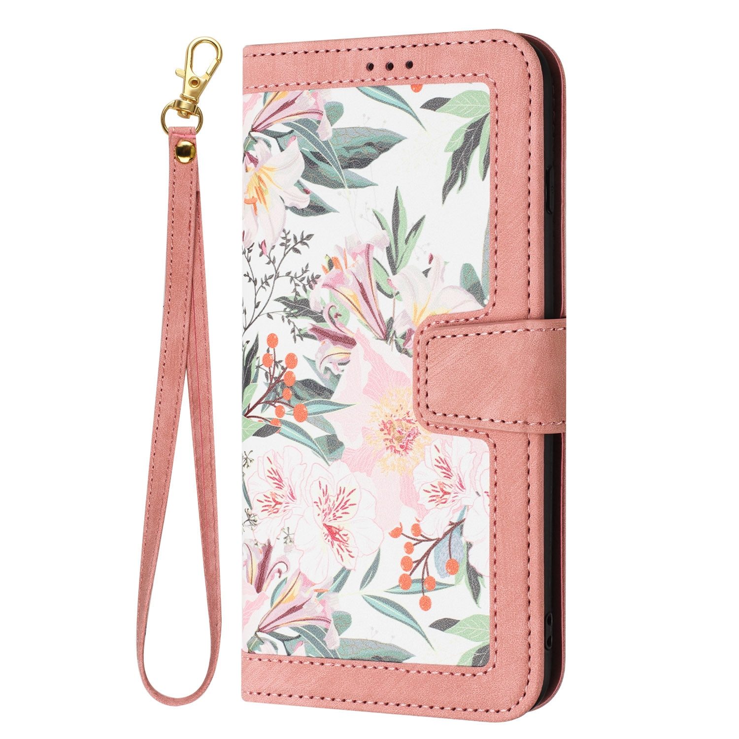 Wigento Smartphone-Hülle Für Google Pixel 9a Kunstleder Book Wallet Blumen Tasche Hülle Rosa, Blumenmuster, Kartenfächer, Lanyard