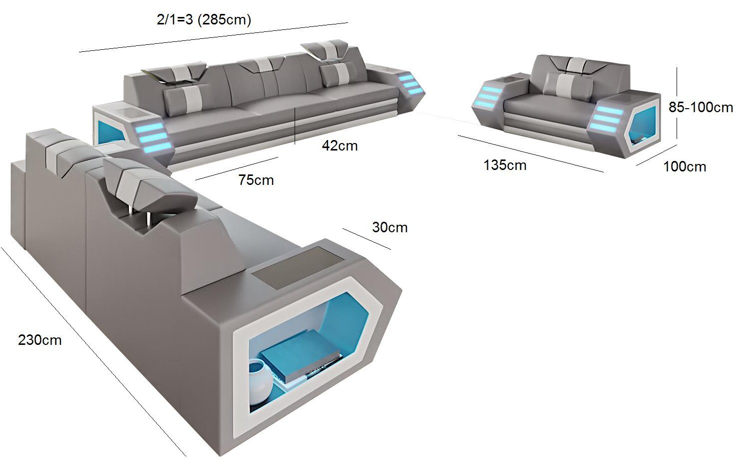 in Neu Design Sofa Moderne Sofagarnitur luxus 3+2+1 JVmoebel Sitzer Europe Couch Made LED, Grau