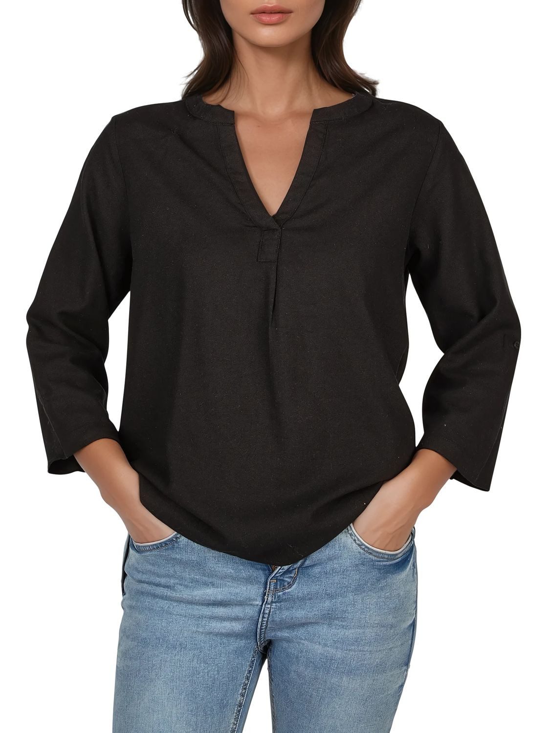 DENIMFY Hemdbluse Damen Leinen Bluse DFSara Regular Fit Tunika mit V-Ausschnitt und Serafino Kragen