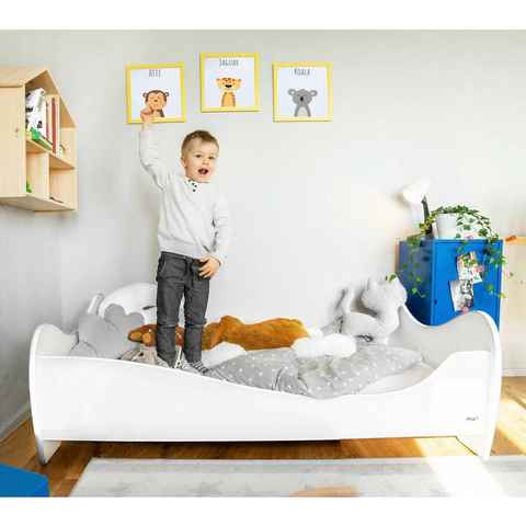 Alcube Kinderbett SWING (SET, Kinderbett 70x140 Weiß inkl. Matratze, Lattenrost und Rausfallschutz), Jugendbett aus schönem massiv Kiefernholz und MDF